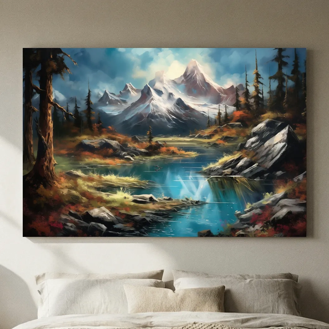 Alpine Lake And Snowcapped Peaks - Dramatic Landscape Painting Wall Art