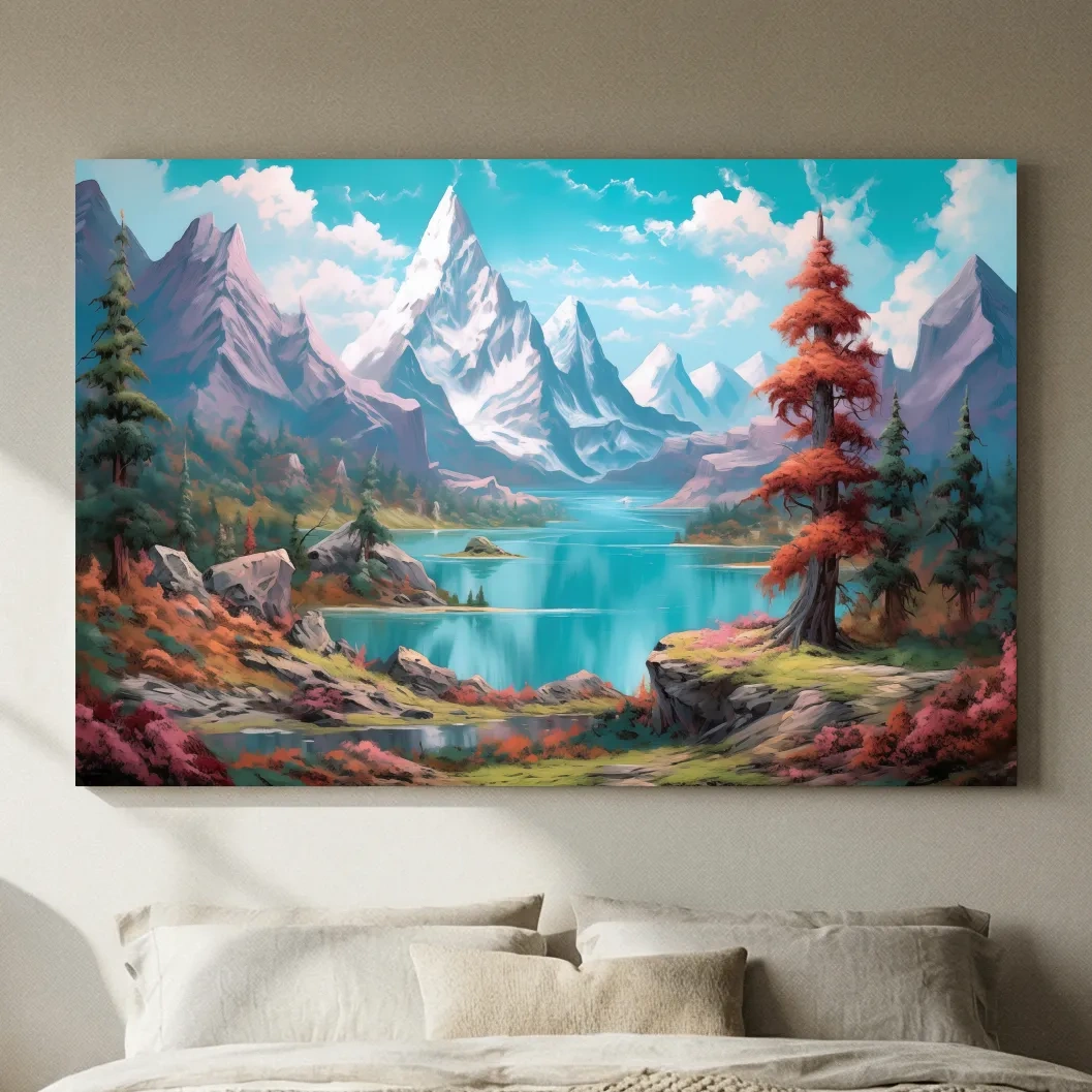 Vibrant Fantasy Alpine Lake Mountains - Surreal Colorful Artwork