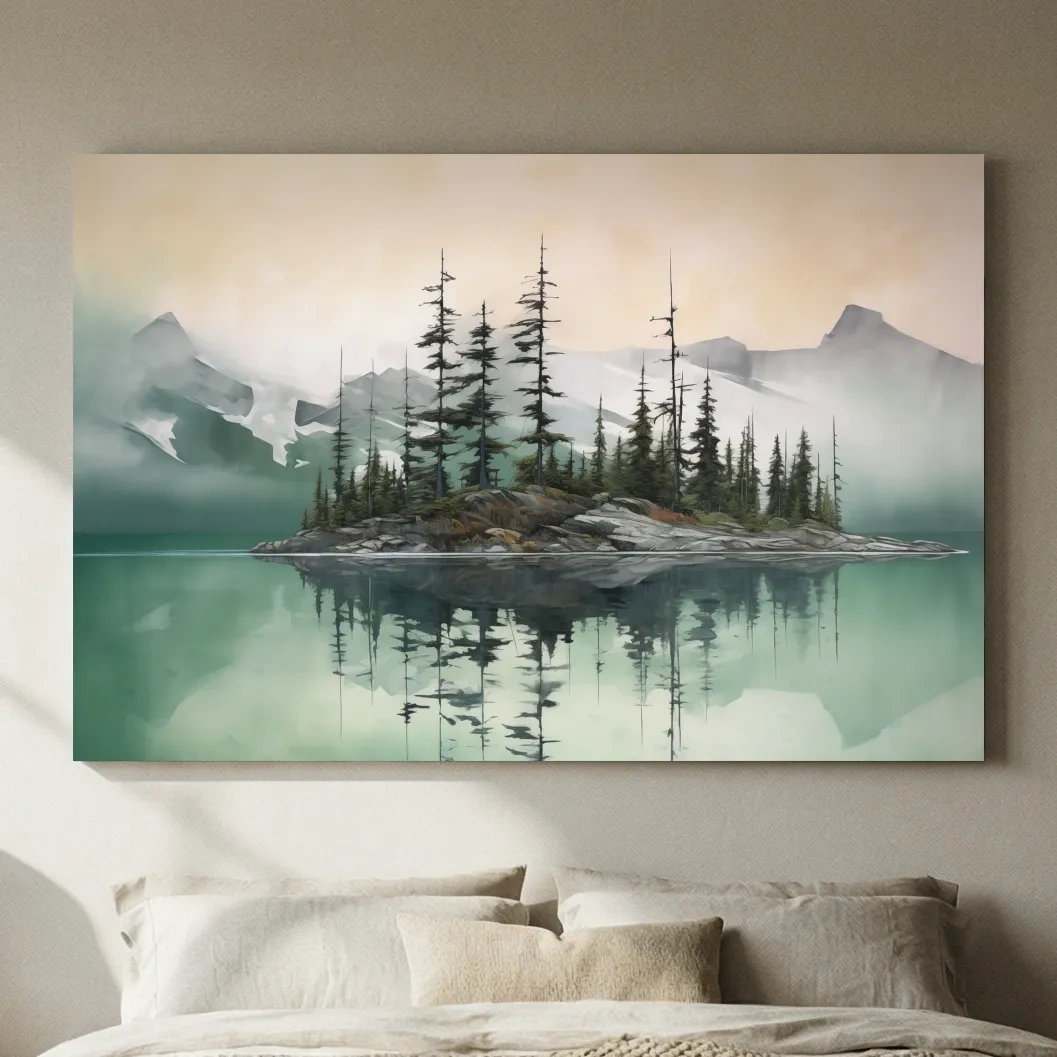 Misty Turquoise Alpine Lake Reflection - Serene Watercolor Mountain Landscape Wall Art