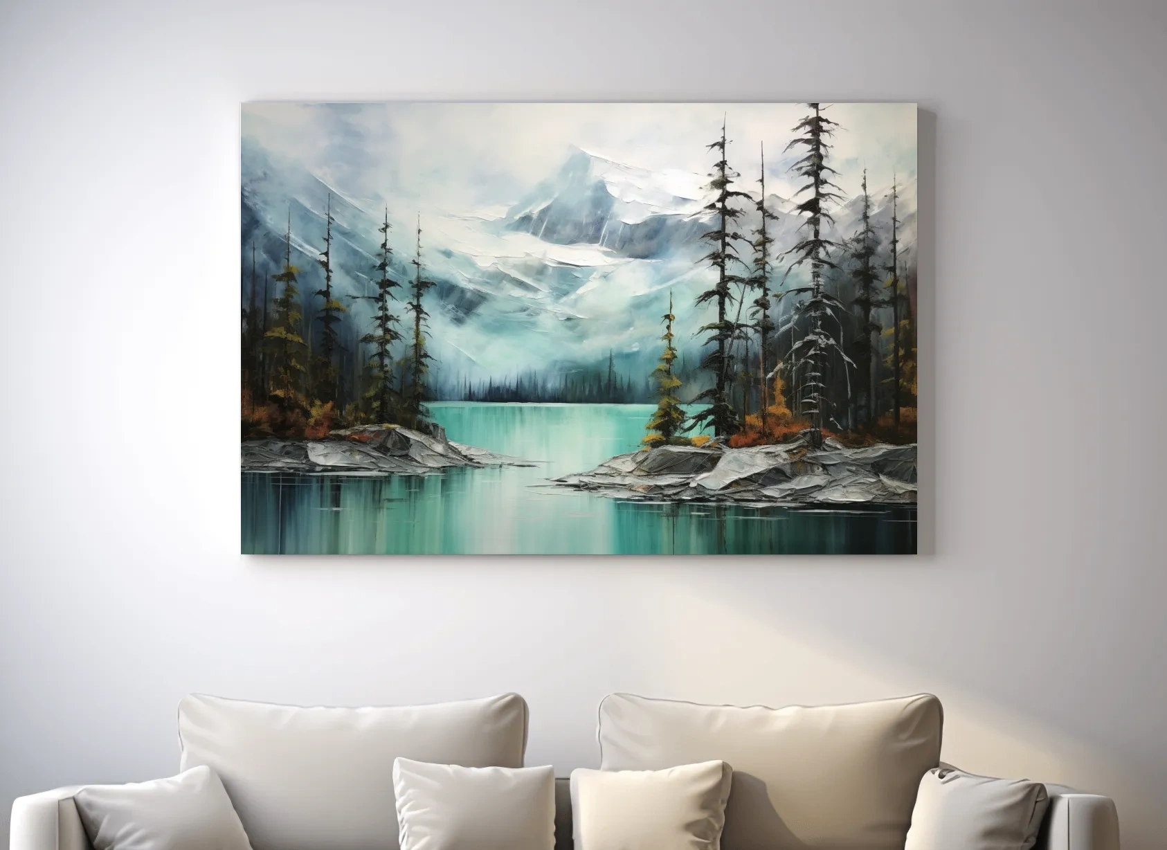Misty Turquoise Mountain Lake Painting - Serene Alpine Forest Landscape Wall Art