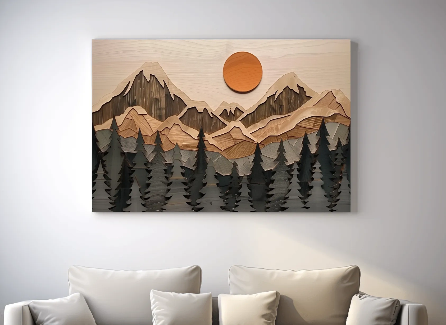 Rustic Geometric Wood Grain Mountain Sunrise - Pine Forest Landscape Wall Art