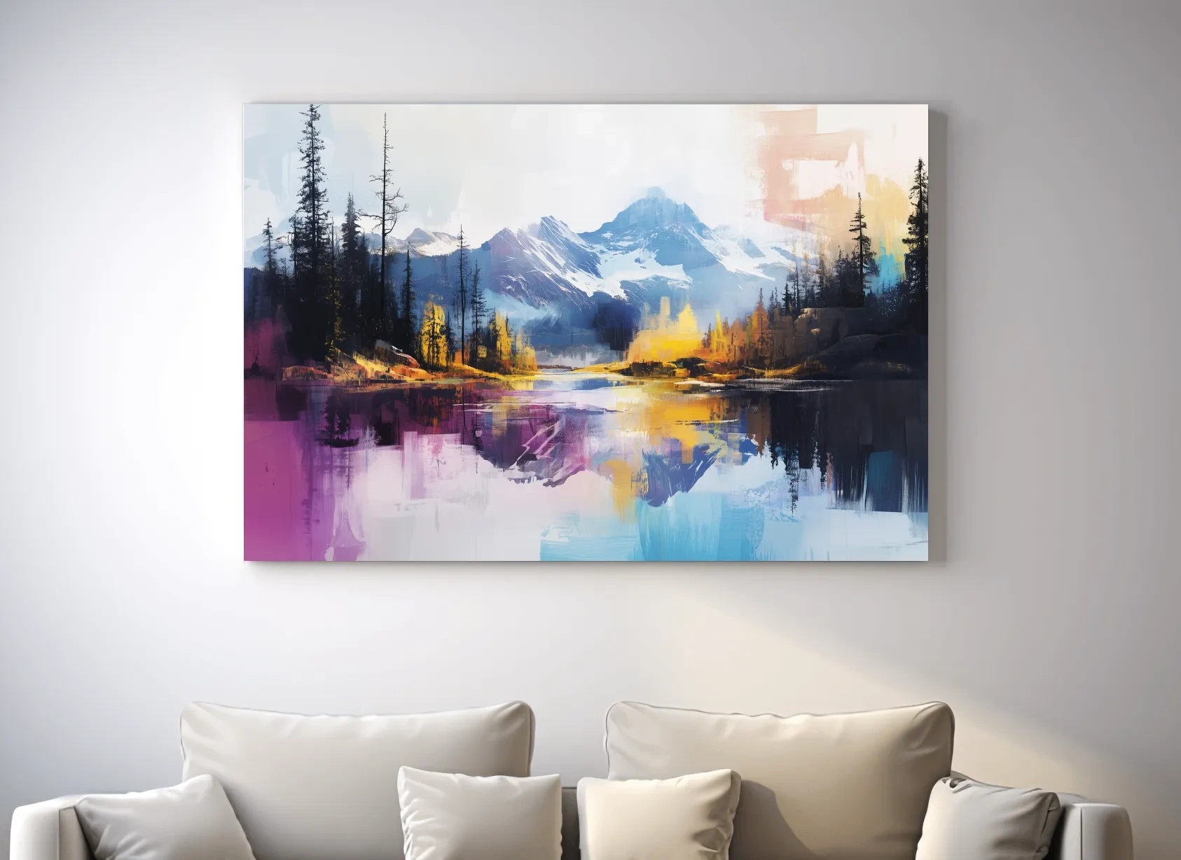 Vibrant Abstract Mountain Lake Reflection Painting - Colorful Modern Landscape Wall Art