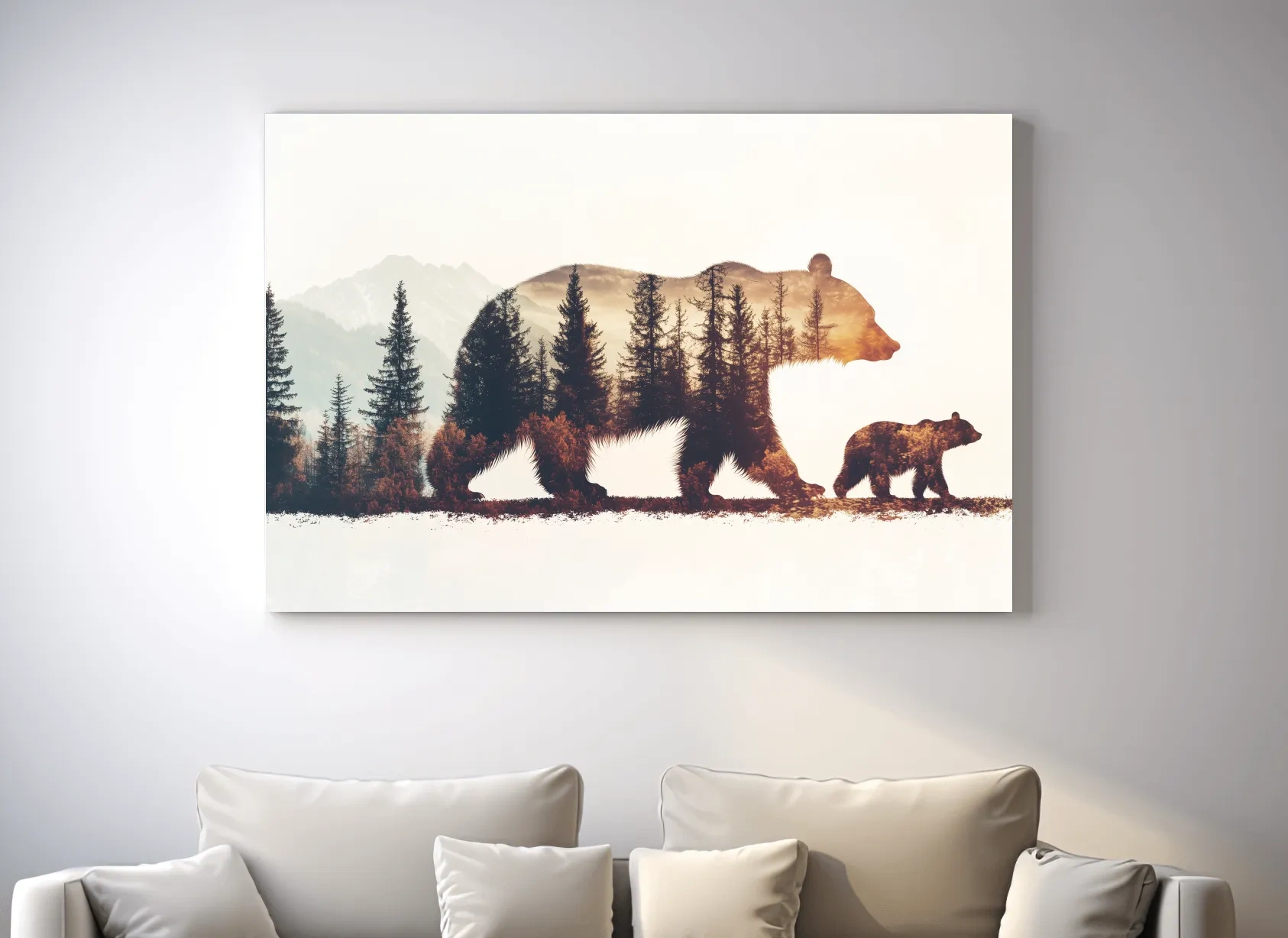Rustic Double Exposure Bear Family - Sunset Forest Wildlife Wall Art