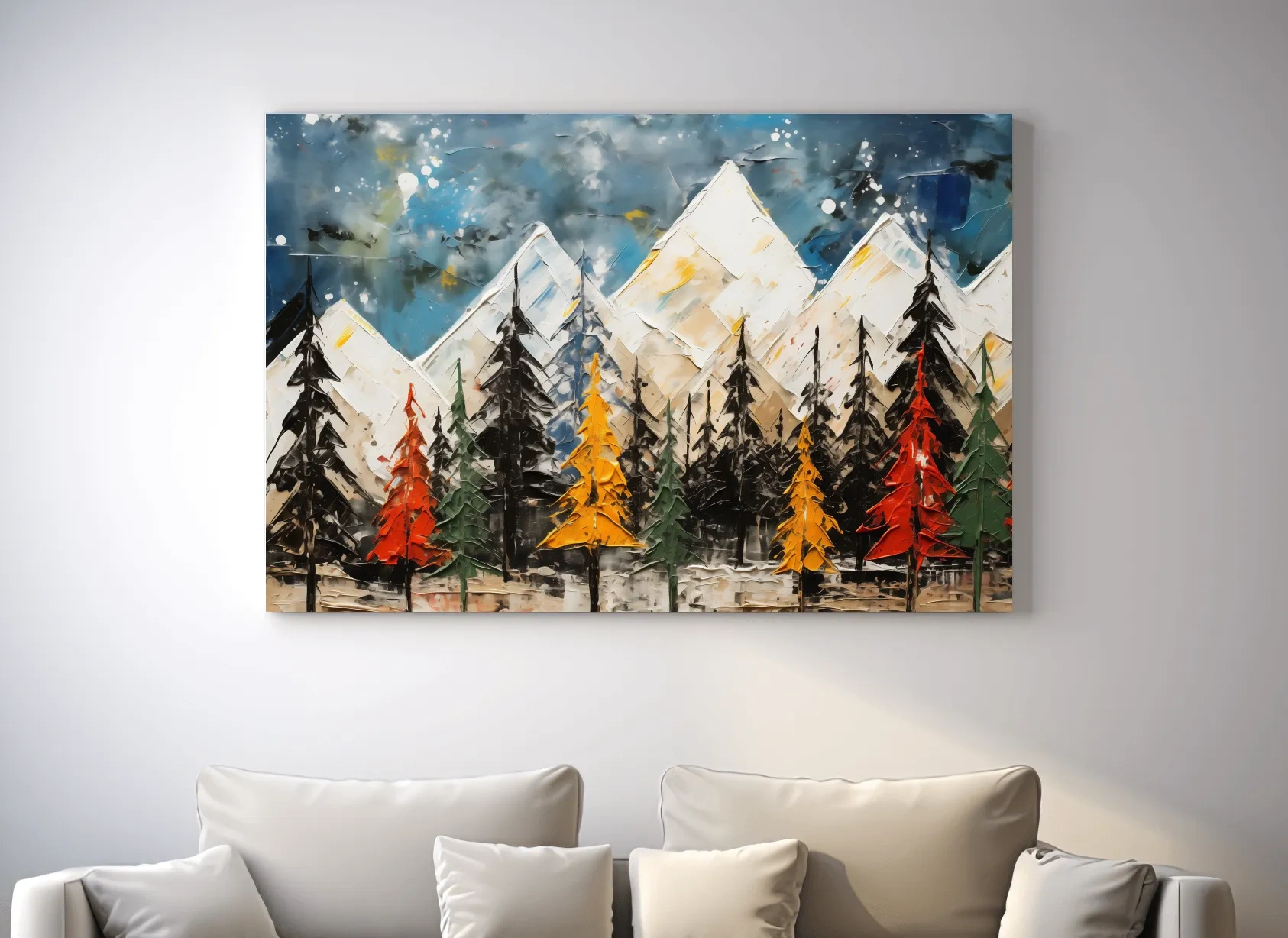 Textured Abstract Oil Painting Style Mountain Forest - Colorful Autumn Pines Landscape Wall Art