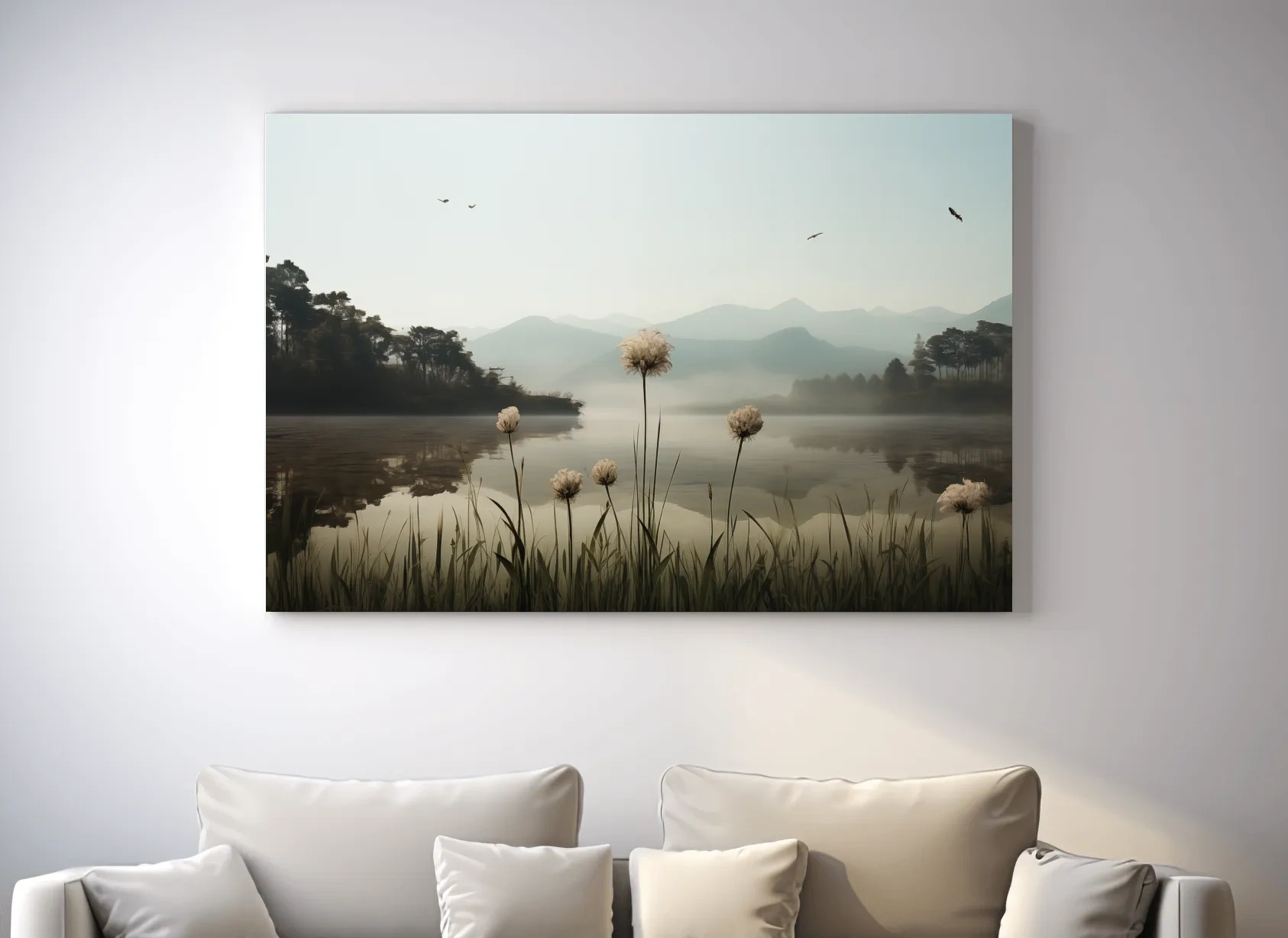 Misty Lake Painting With Wildflowers - Serene Landscape Wall Art