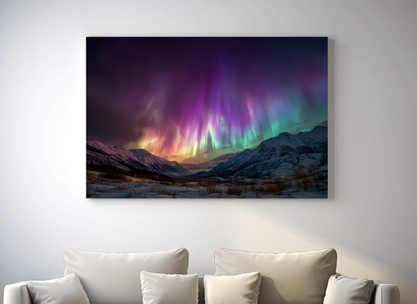 Vibrant Aurora Borealis Over Snowy Mountains - Northern Lights Night Sky Wall Art