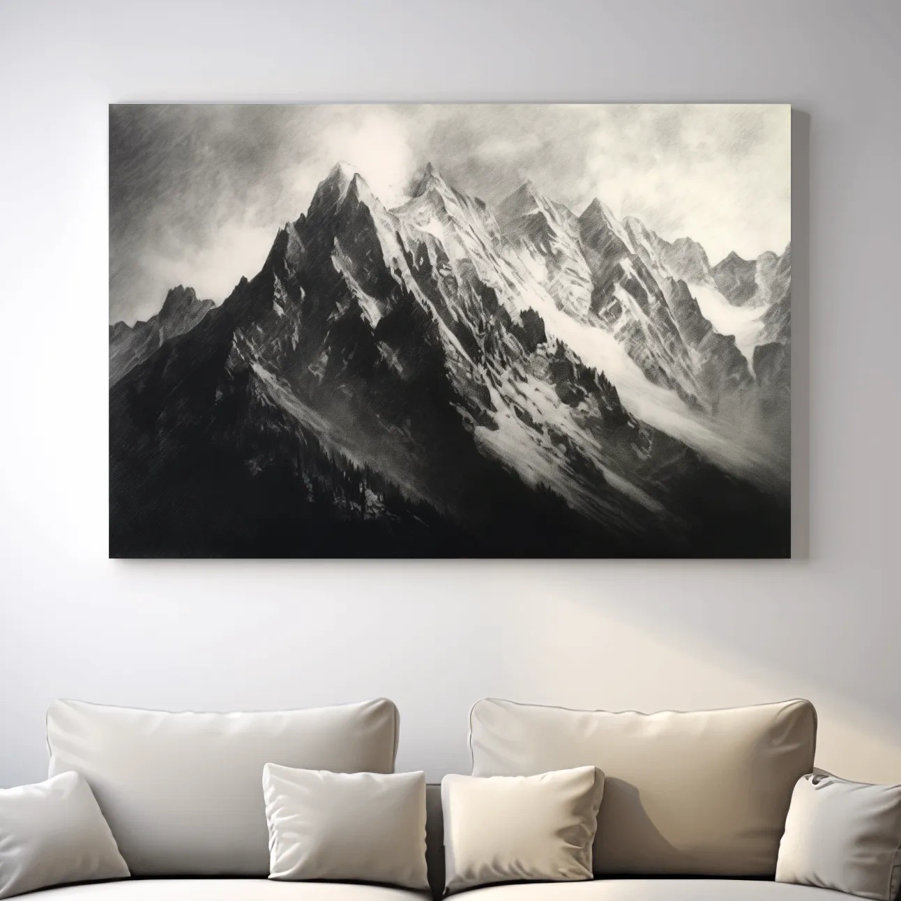 Moody Monochrome Snowy Mountain Peaks - Dramatic Charcoal Landscape Artwork