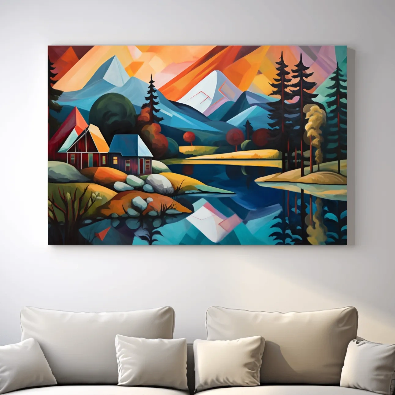Vibrant Geometric Mountain Lake Cabin Oil Painting - Modern Abstract Wall Art