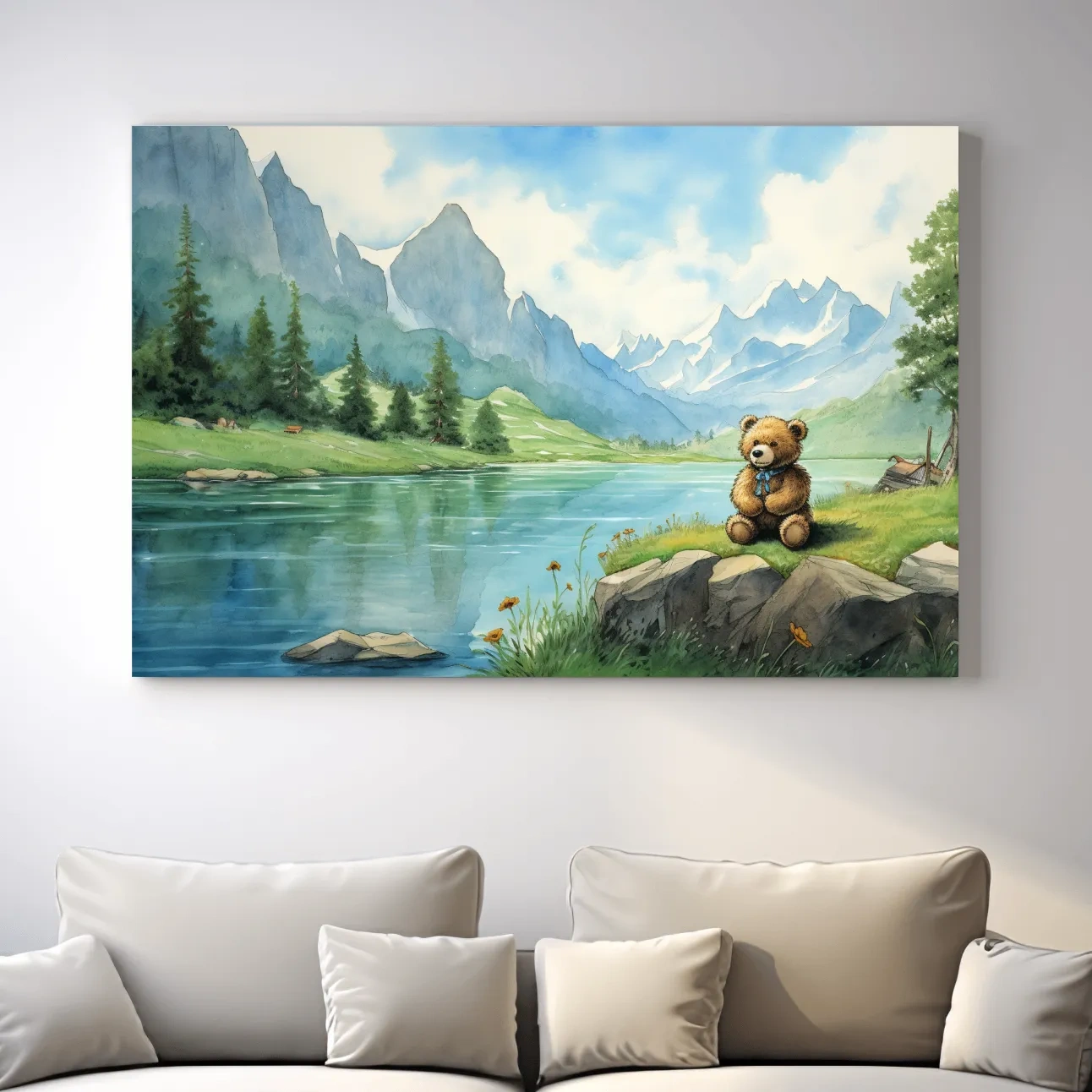 Whimsical Teddy Bear By Mountain Lake - Cute Watercolor Nursery Wall Art