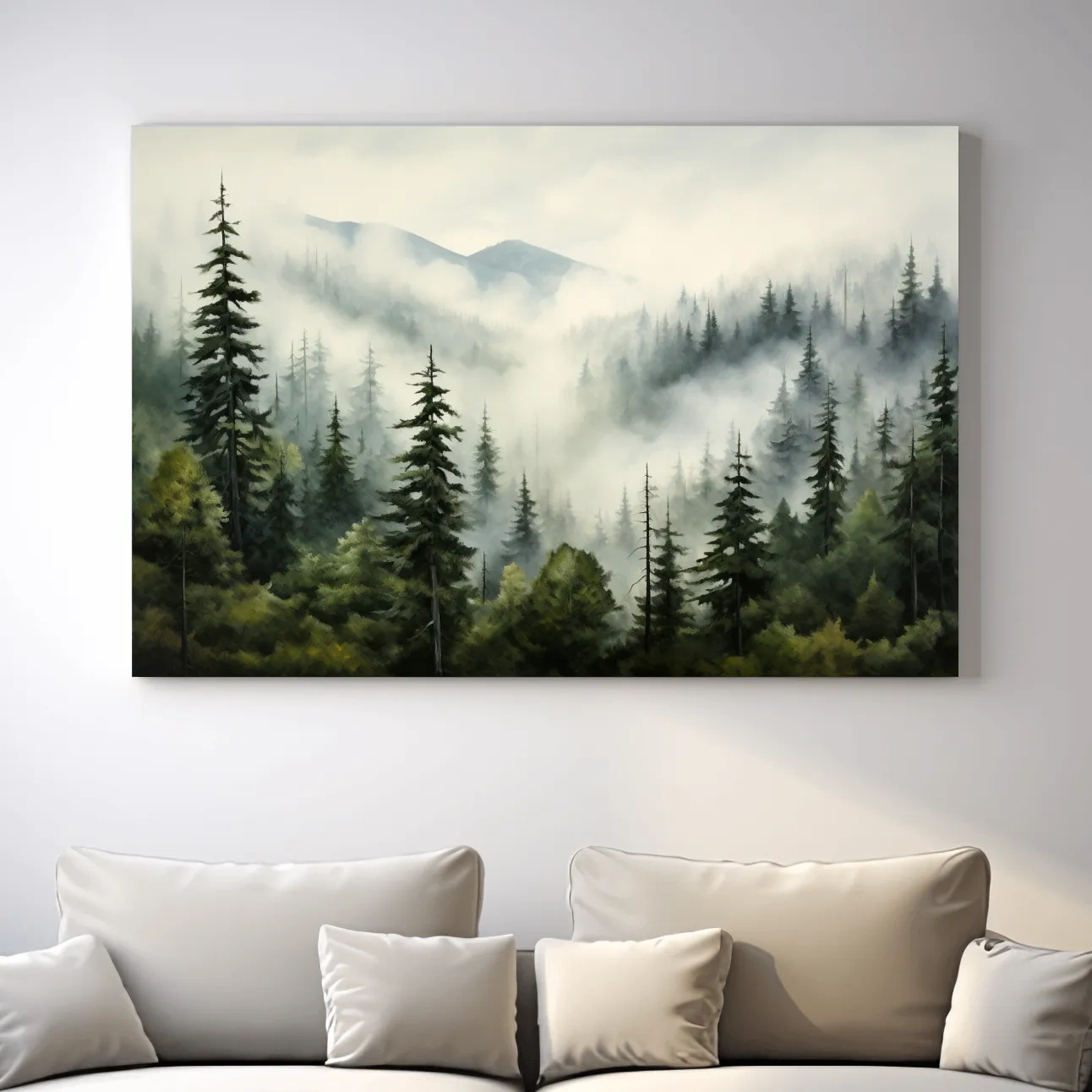 Foggy Alpine Mountain Forest Painting - Moody Watercolor Landscape Wall Art