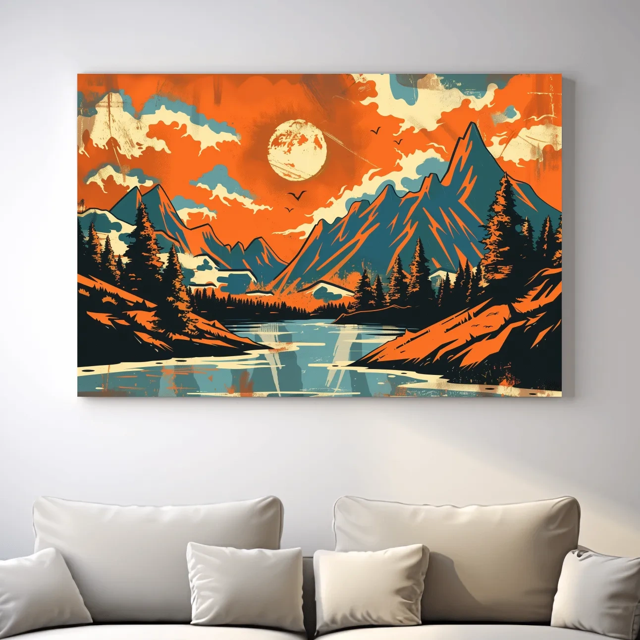 Vibrant Retro Mountain Lake Sunset Illustration - Bold Vector Landscape Wall Art