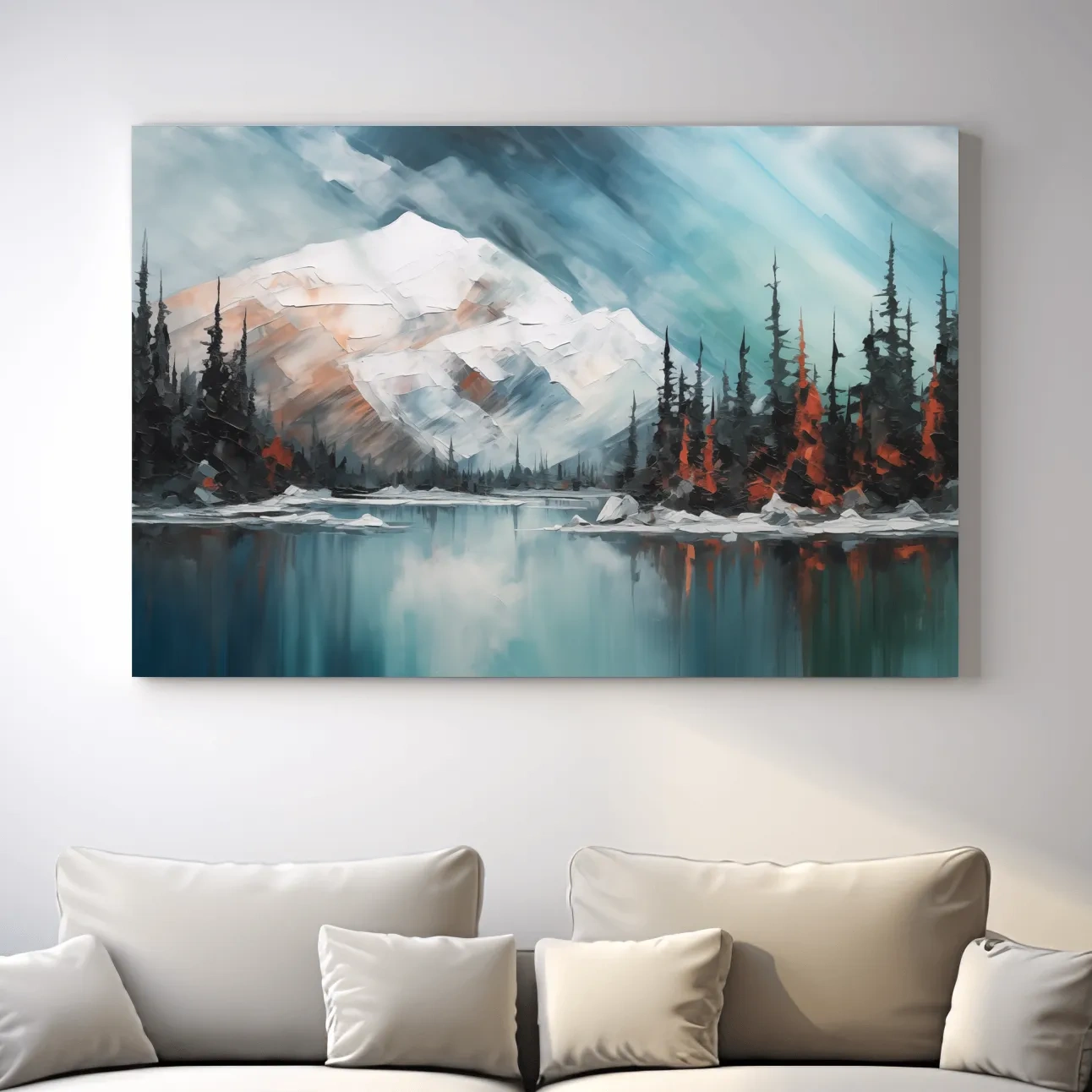 Alpine Glacier Lake Impasto Style Painting - Textured Forest Wall Art