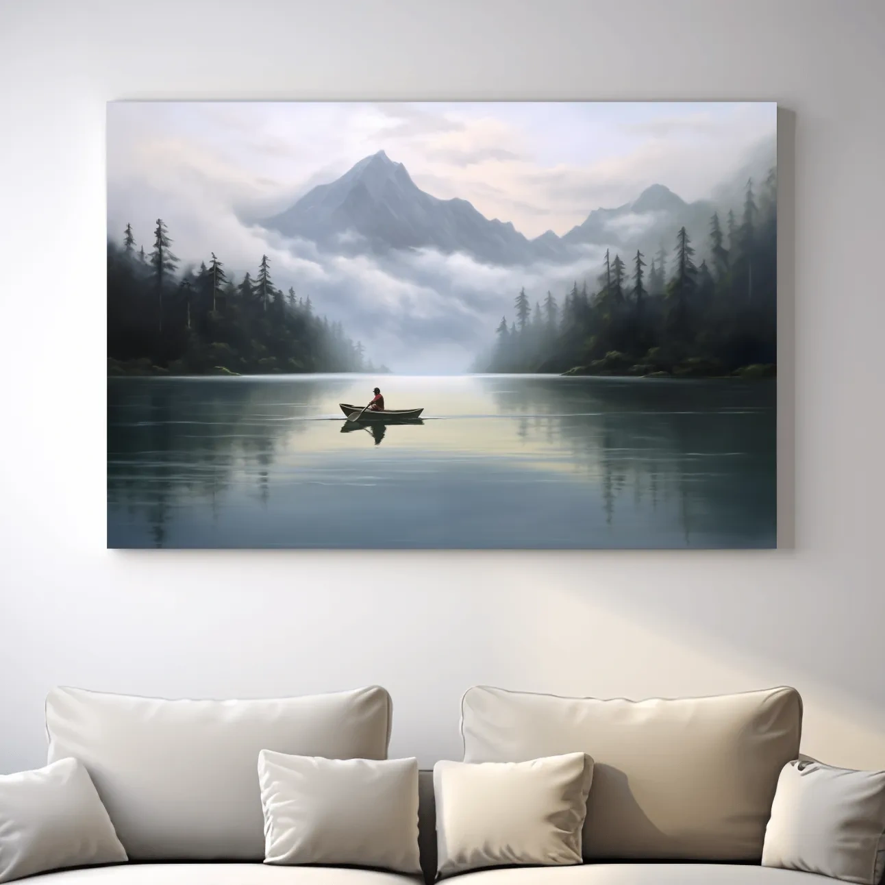 Misty Mountain Alpine Lake Canoe Scene - Serene Landscape Wall Art