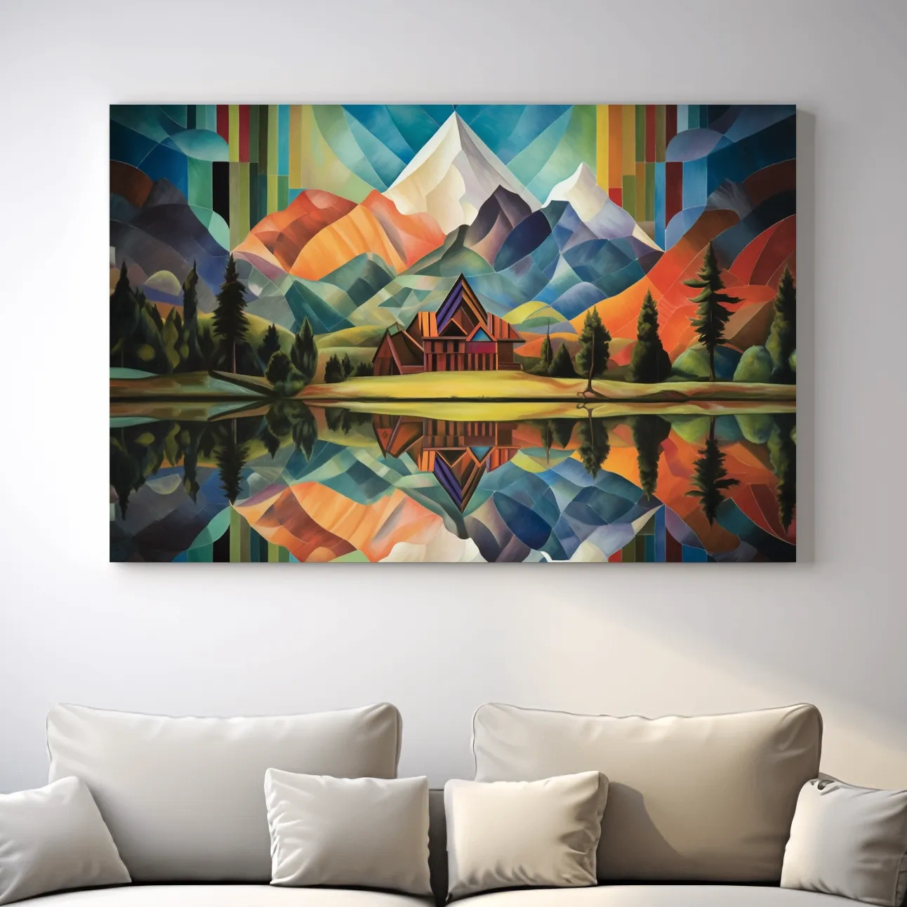 Vibrant Geometric Mountain Cabin Lake Reflection - Colorful Abstract Landscape Wall Art