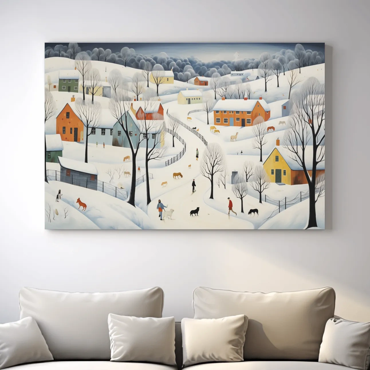 Whimsical Snowy Village Winter Landscape Painting - Folk Art Countryside Wall Art