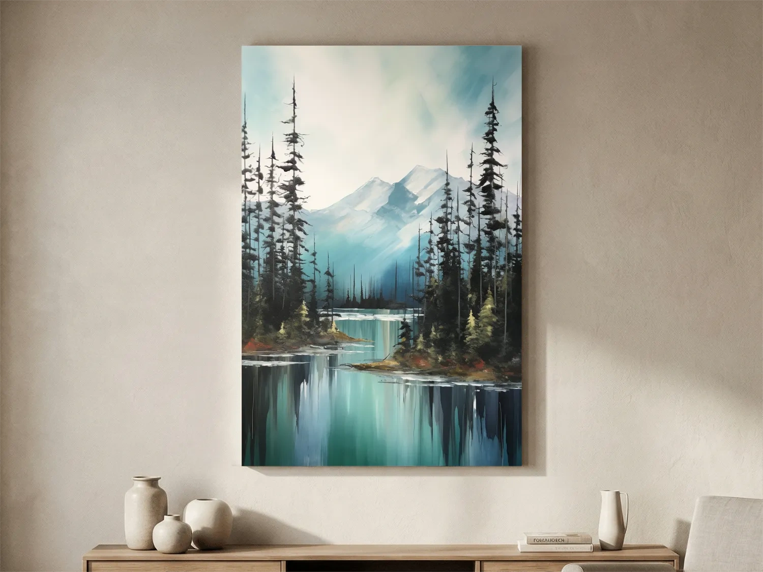Alpine Turquoise Lake Watercolor Landscape - Serene Pine Forest Nature Wall Art