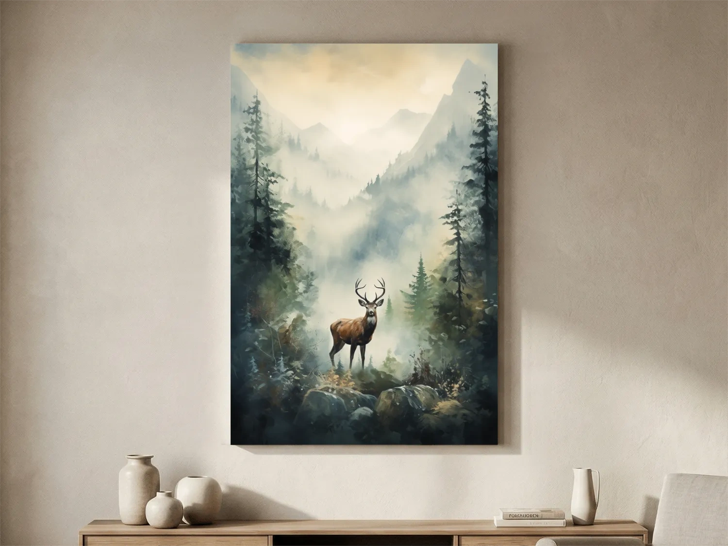 Misty Alpine Forest Deer Painting - Atmospheric Mountain Wildlife Wall Art
