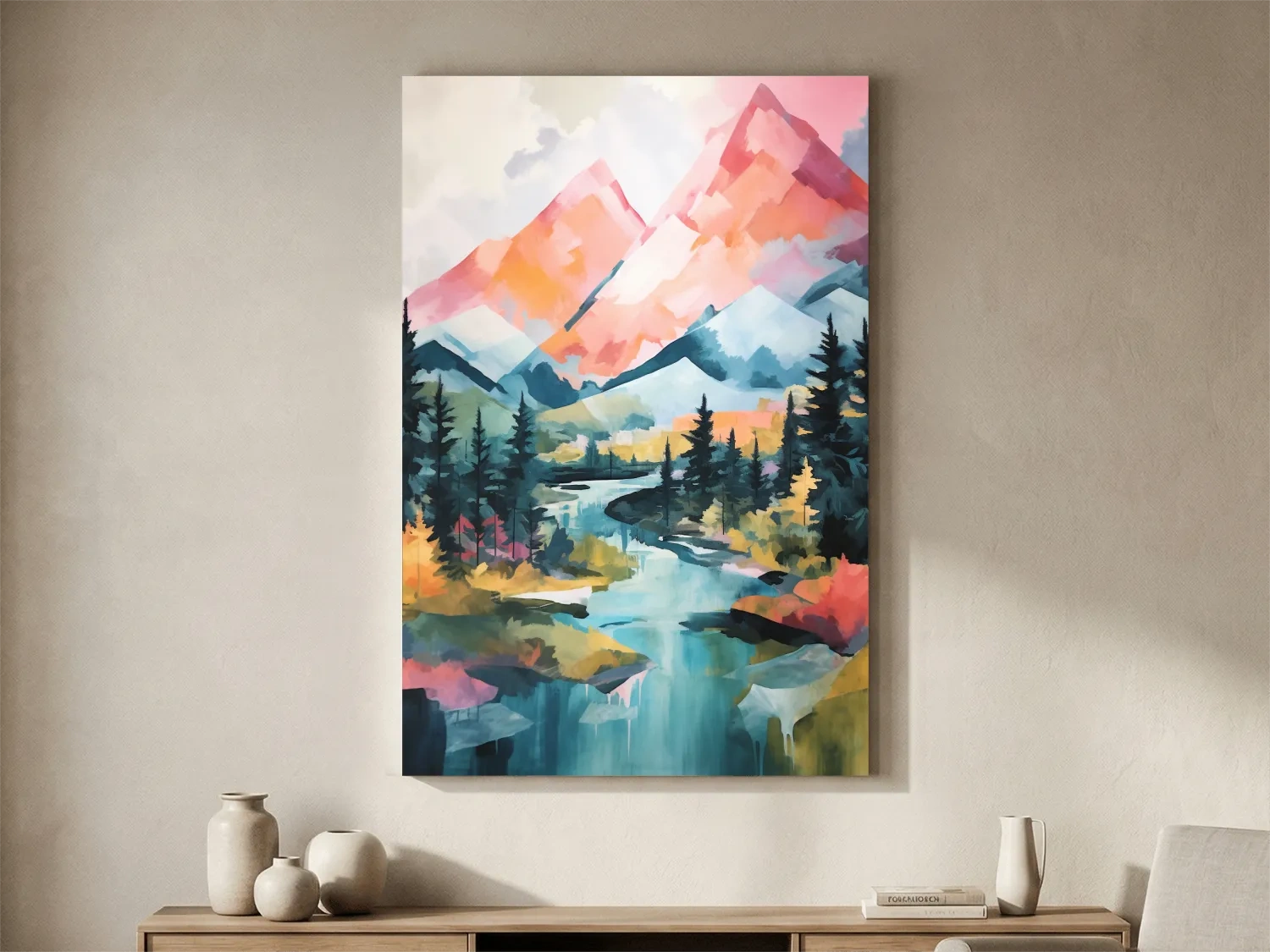 Vibrant Mountain River Landscape Painting - Colorful Alpine Forest Wall Art