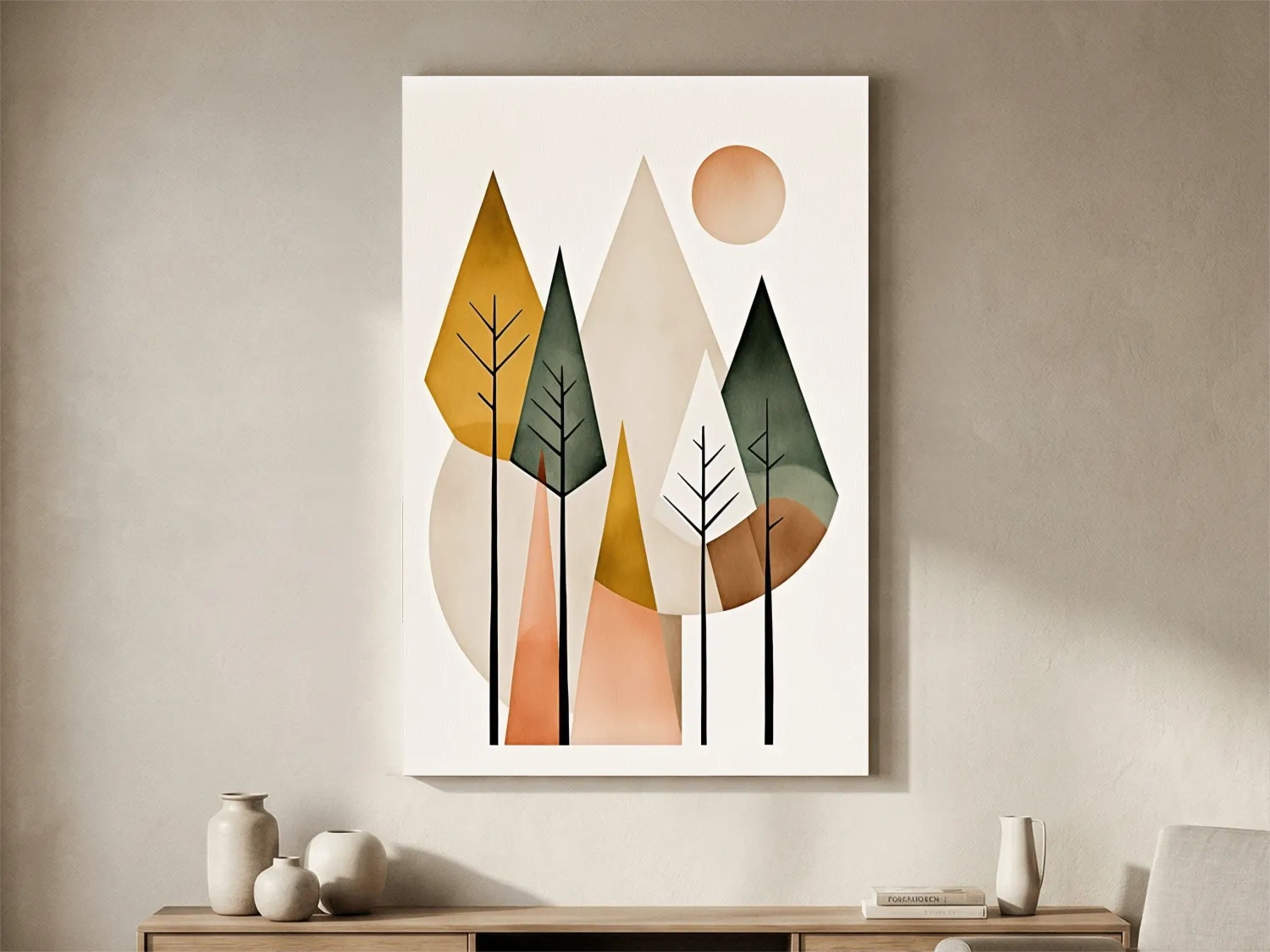 Minimalist Geometric Mountain Forest Artwork - Scandinavian Boho Wall Art