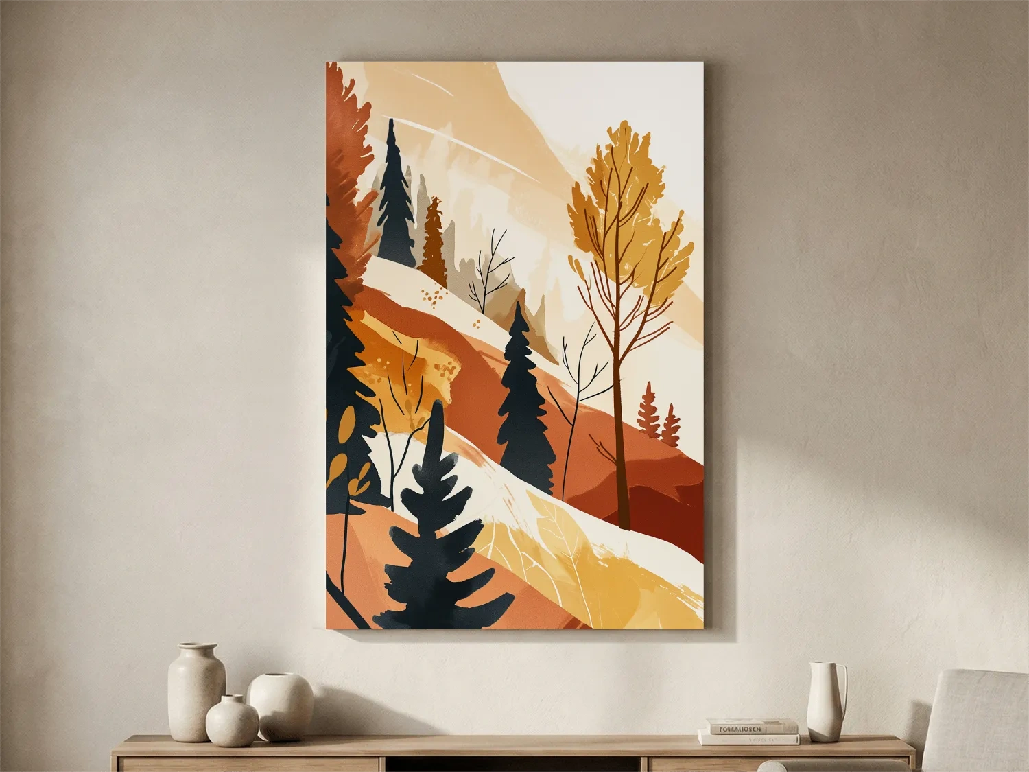 Minimalist Autumn Mountain Forest Landscape - Warm Scandinavian Wall Art