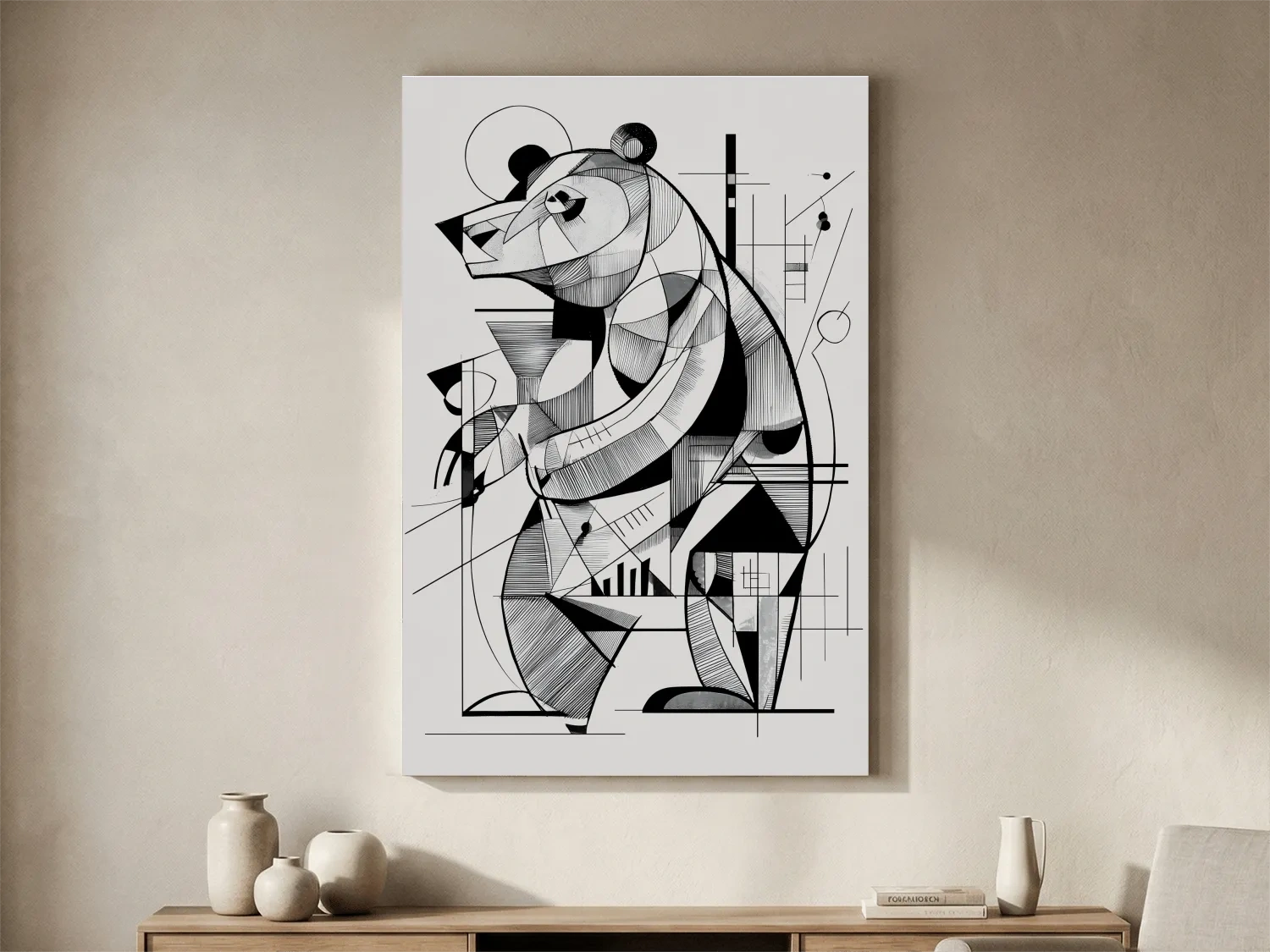 Cubism Abstract Bear Artwork - Modern Black And White Wildlife Wall Art