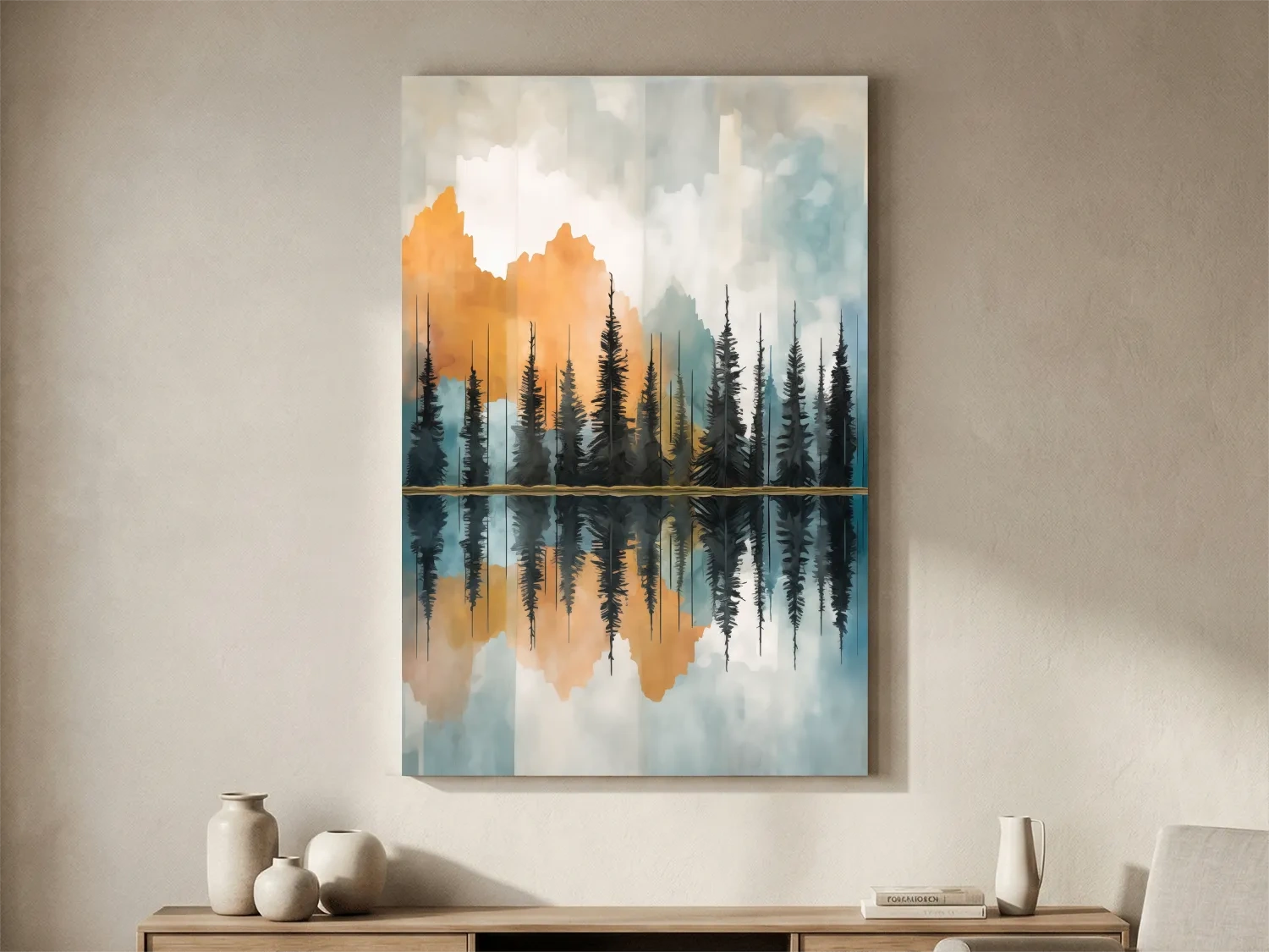 Abstract Watercolor Mountain Lake Reflection - Alpine Forest Landscape Artwork