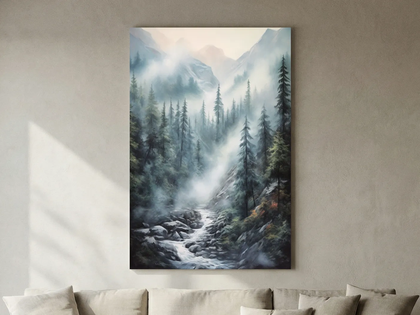 Misty Alpine Pine Forest River Painting - Moody Mountain Landscape Wall Art