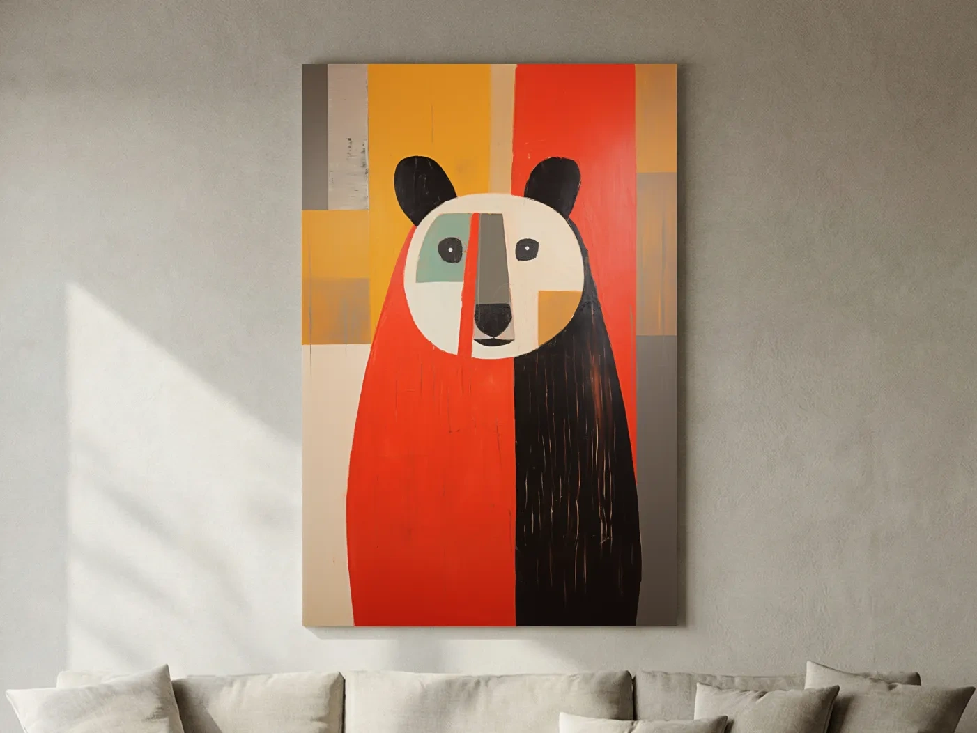Bold Geometric Bear Portrait Painting - Quirky Abstract Animal Wall Art
