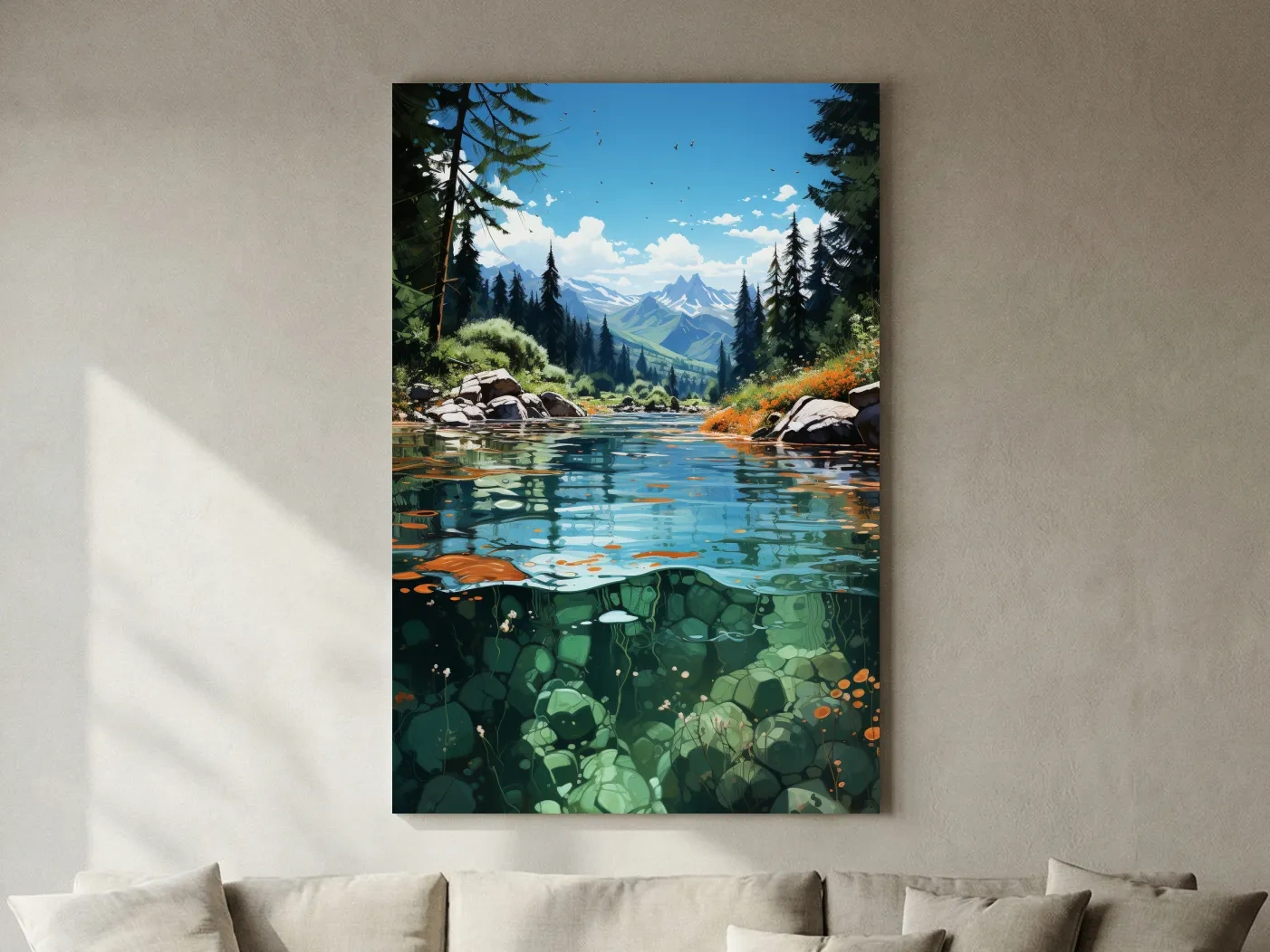 Crystal Clear Alpine River Landscape Illustration - Vibrant Mountain Forest Artwork