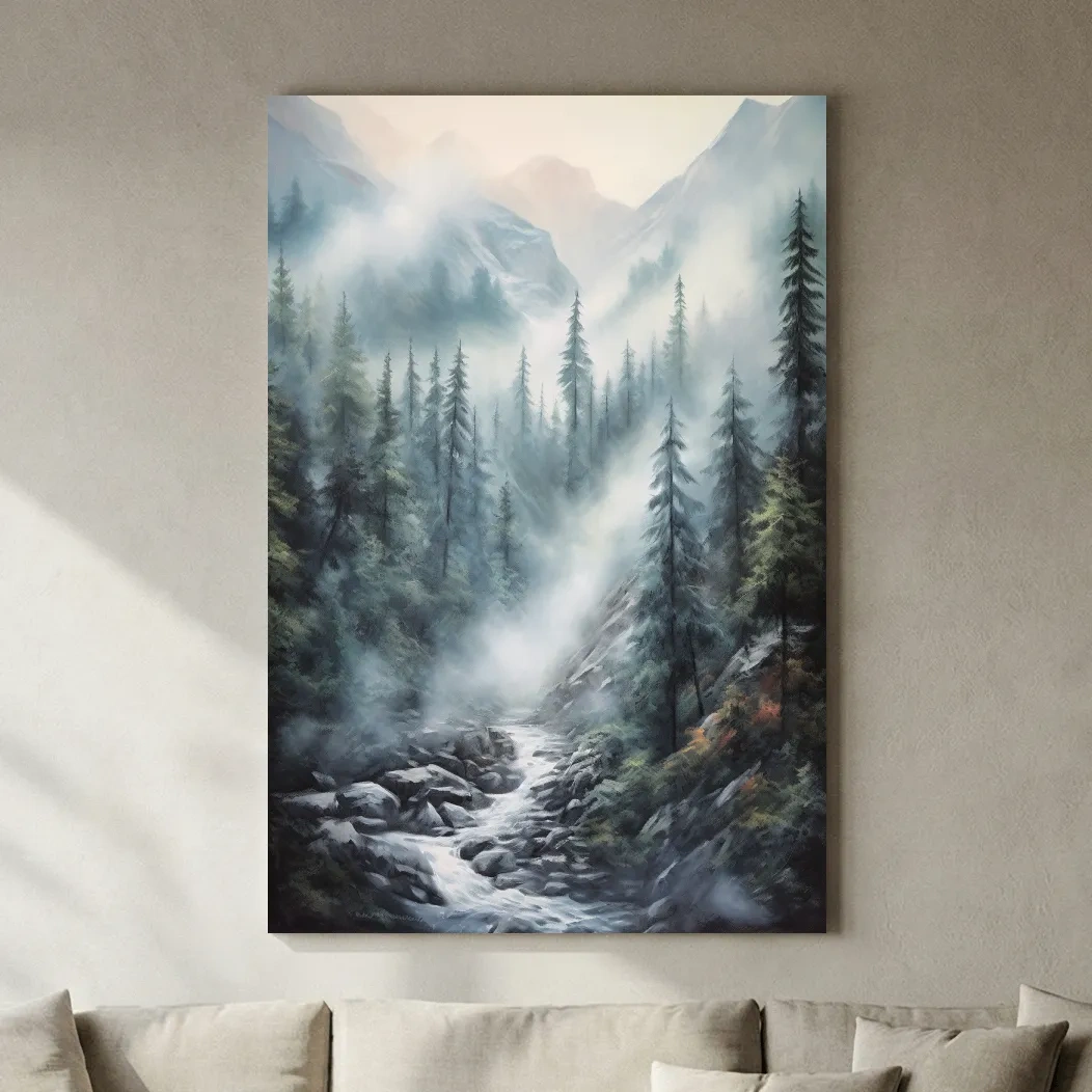 Misty Alpine Pine Forest River Painting - Moody Mountain Landscape Wall Art