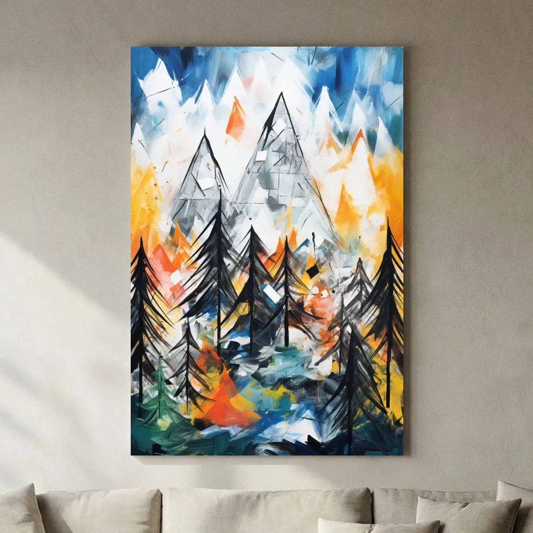 Abstract Alpine Mountain Peaks Painting - Colorful Energetic Pine Forest Landscape Wall Art