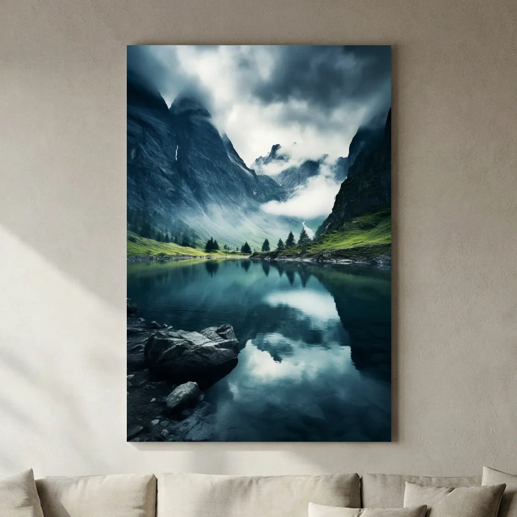 Moody Misty Alpine Lake Reflection - Dramatic Photographic Mountain Wall Art