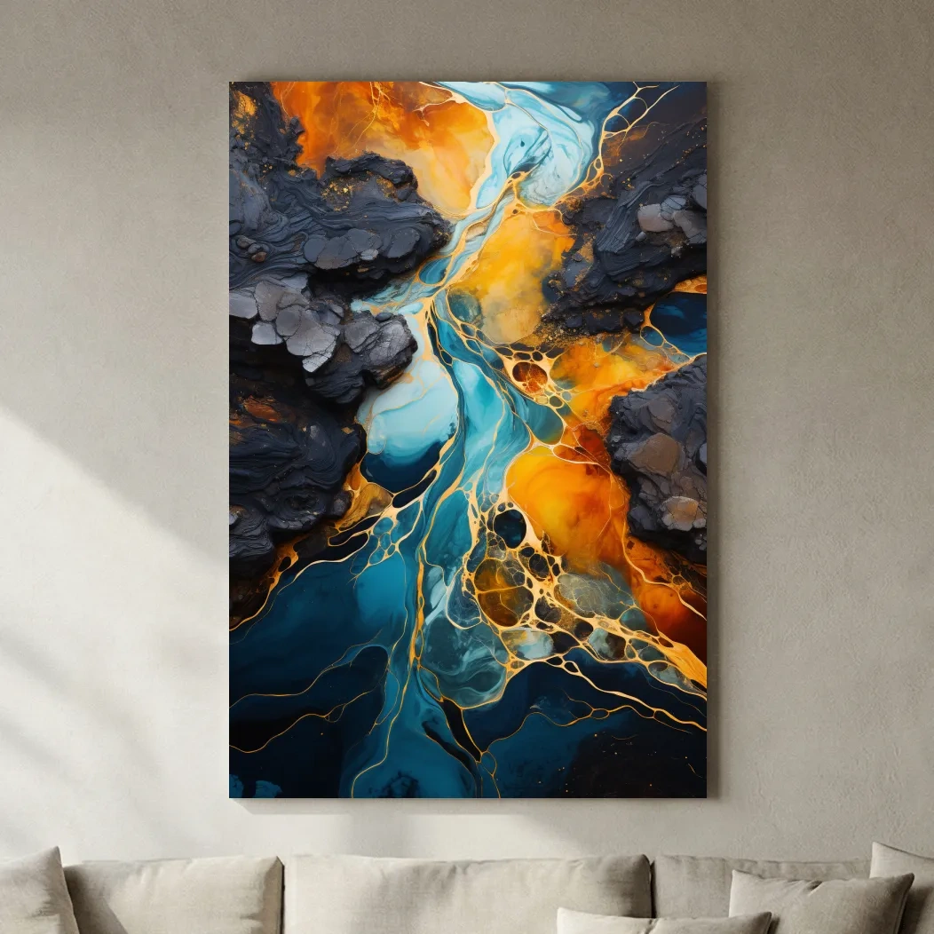 Elegant Gold And Teal Abstract Flowinf River - Alcohol Ink Style Wall Art