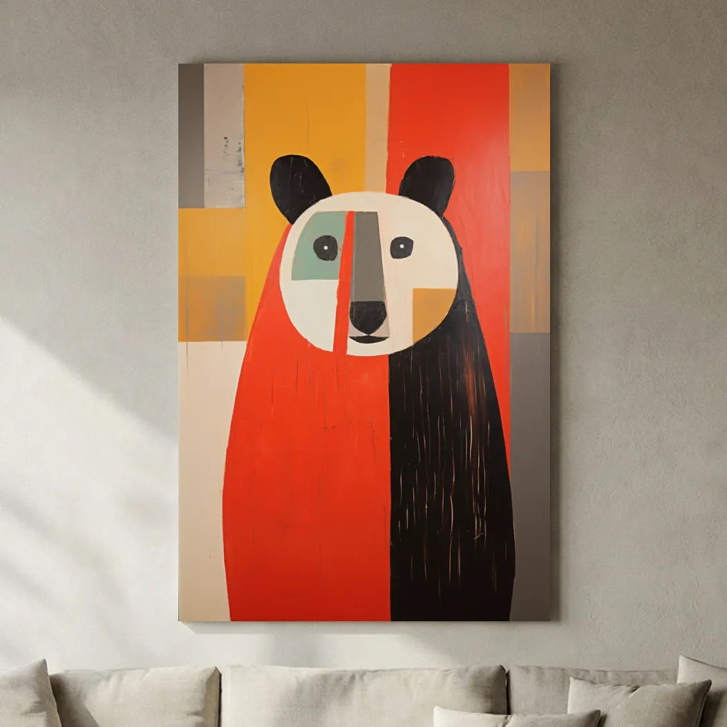 Bold Geometric Bear Portrait Painting - Quirky Abstract Animal Wall Art