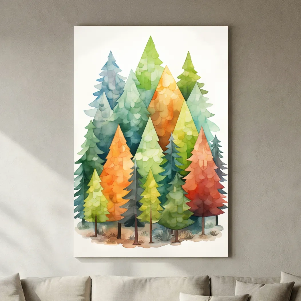 Whimsical Watercolor Pine Forest Illustration - Colorful Scandinavian Nature Wall Art