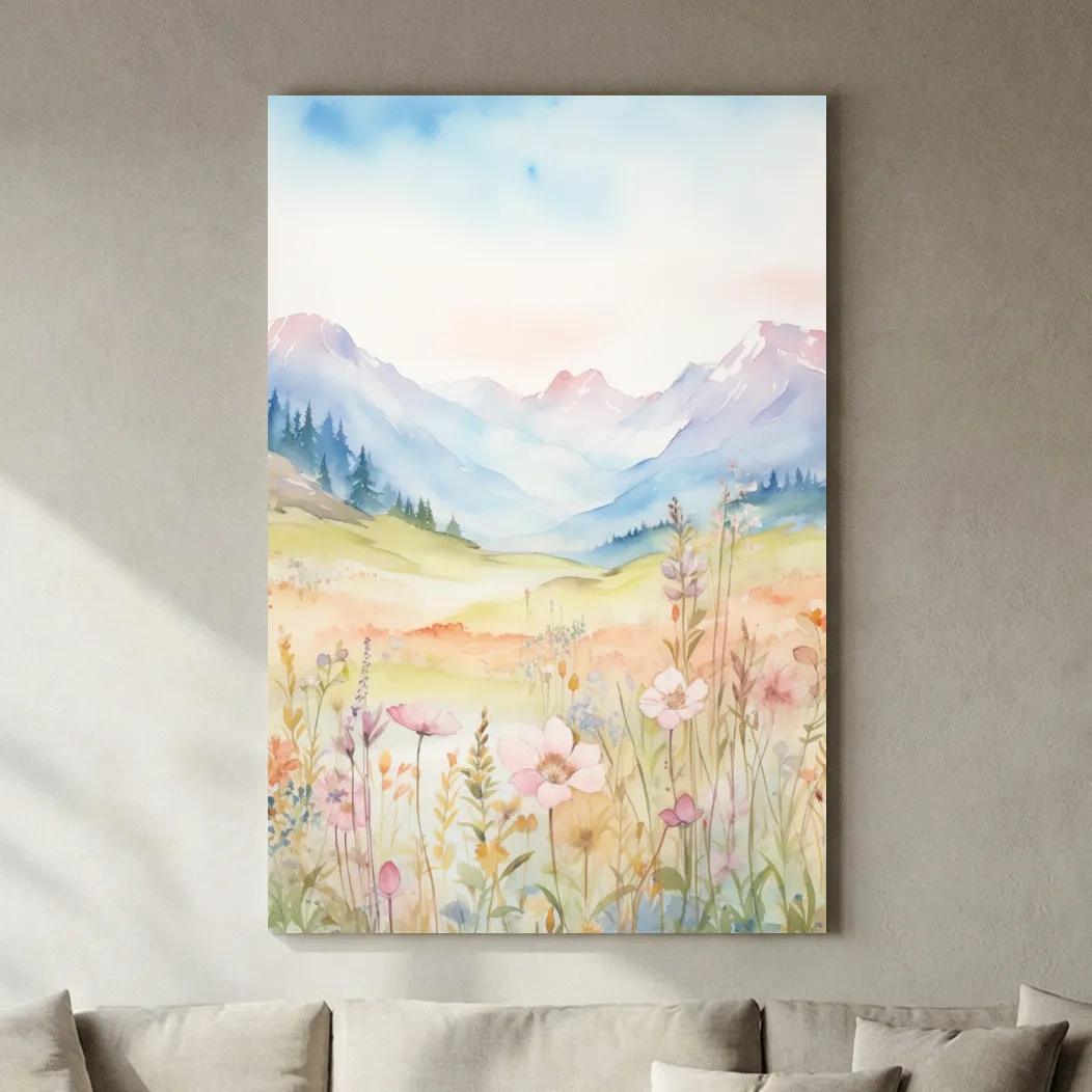 Pastel Watercolor Wildflower Meadow Mountains - Serene Floral Alpine Wall Art
