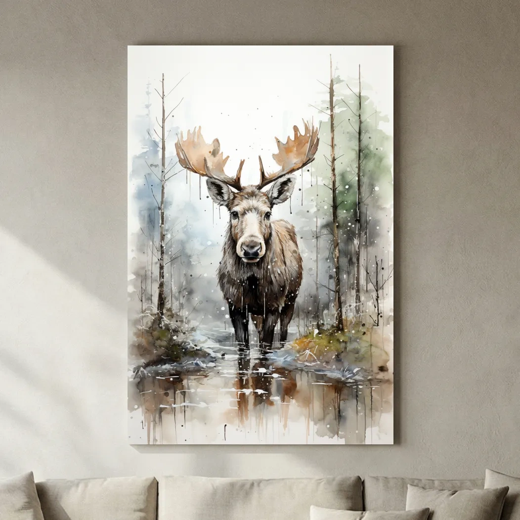 Watercolor Moose In Misty Forest - Rustic Woodland Wildlife Painting Wall Art