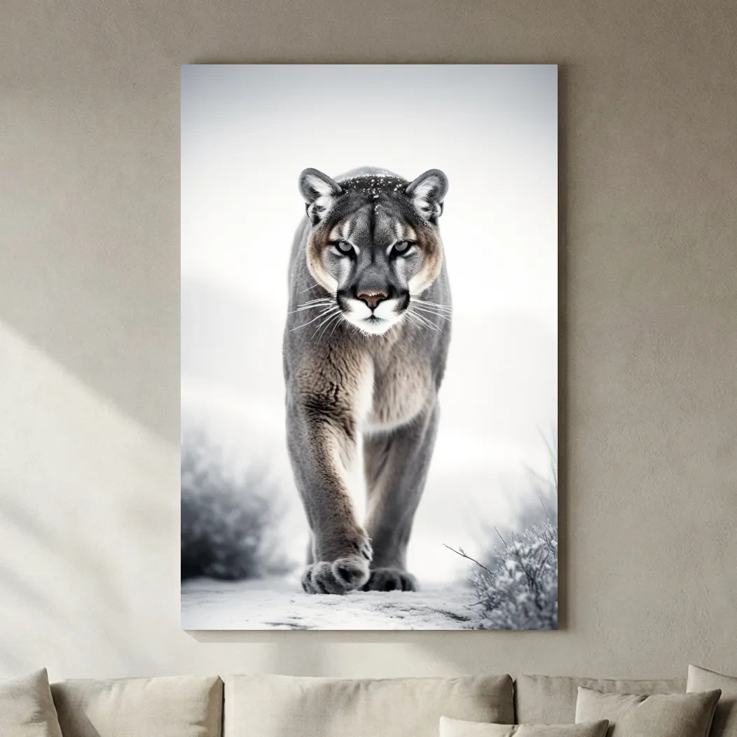 Snowy Cougar Close Up Wildlife Portrait - Winter Nature Wall Art