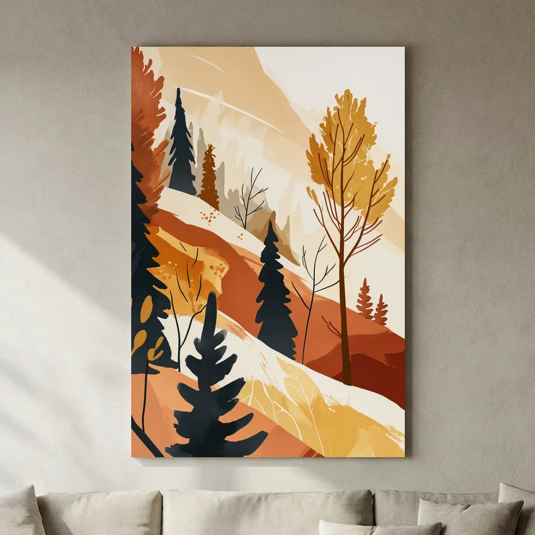 Minimalist Autumn Mountain Forest Landscape - Warm Scandinavian Wall Art