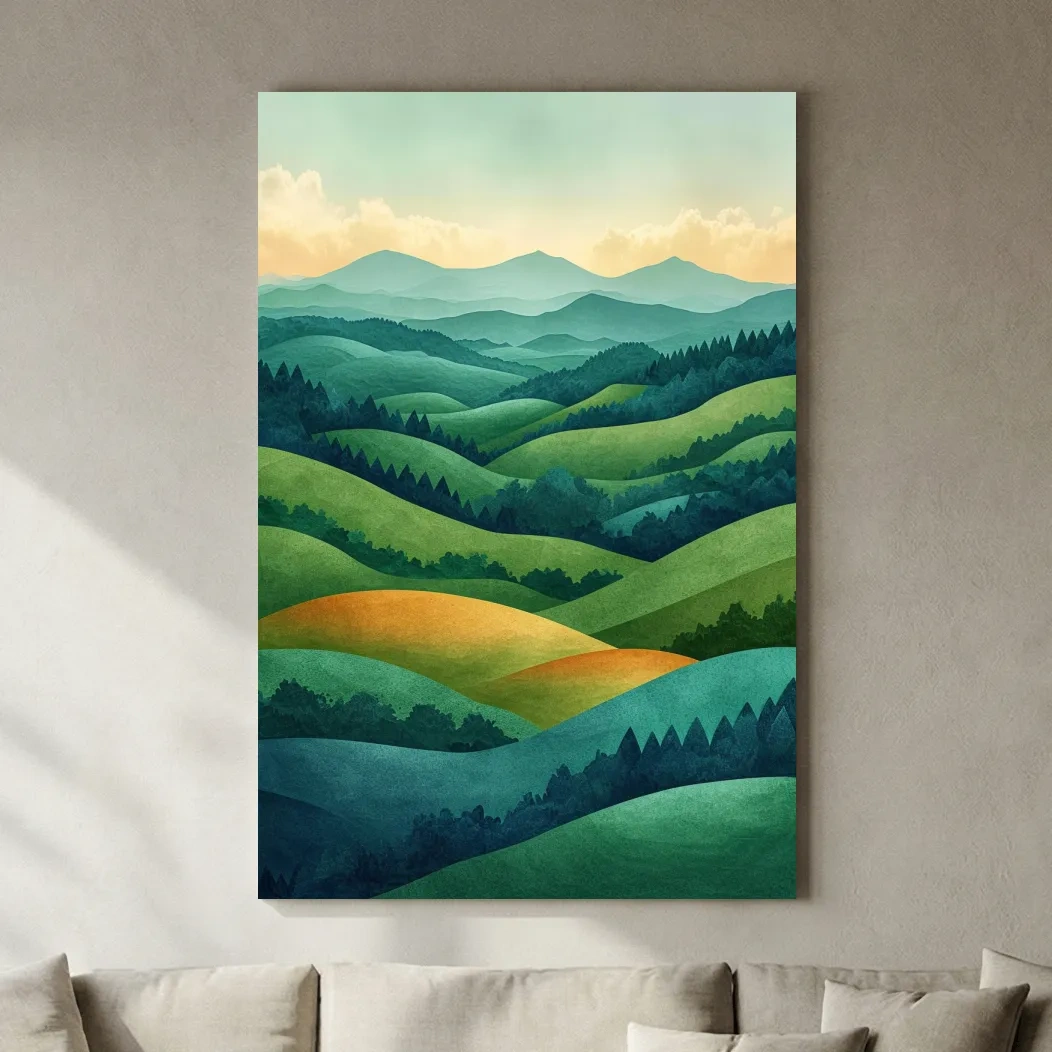 Layered Emerald Rolling Hills Landscape - Serene Scandinavian Nature Wall Art
