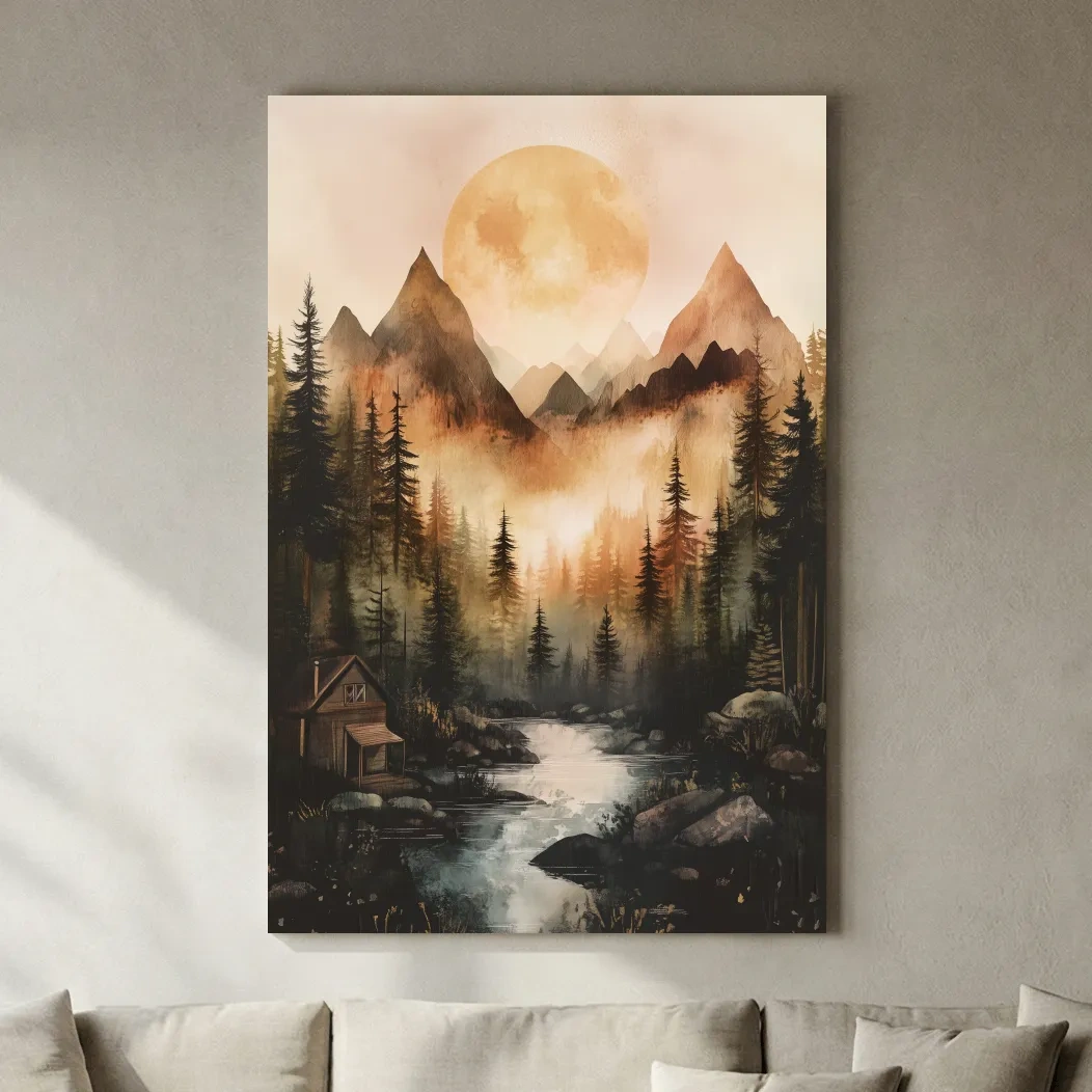 Misty Mountain River Cabin Watercolor - Rustic Forest Wall Art