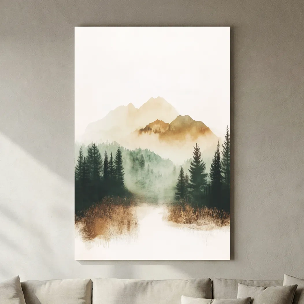 Misty Watercolor Mountain Lake & Pine Forest - Serene Nature Landscape Wall Art