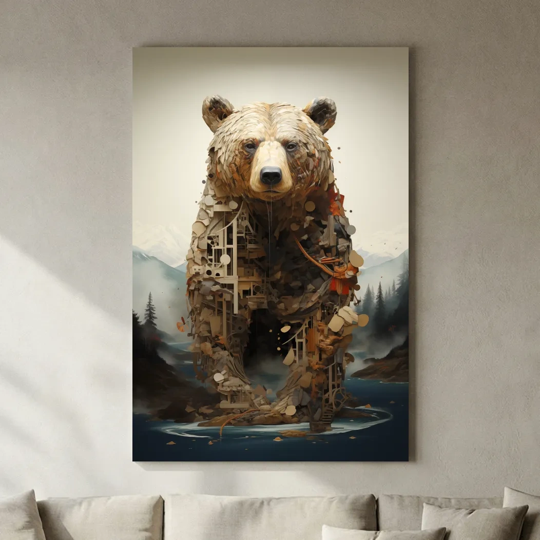Surreal Grizzly Bear Collage Illustration - MC Escher Style Wildlife Wall Art