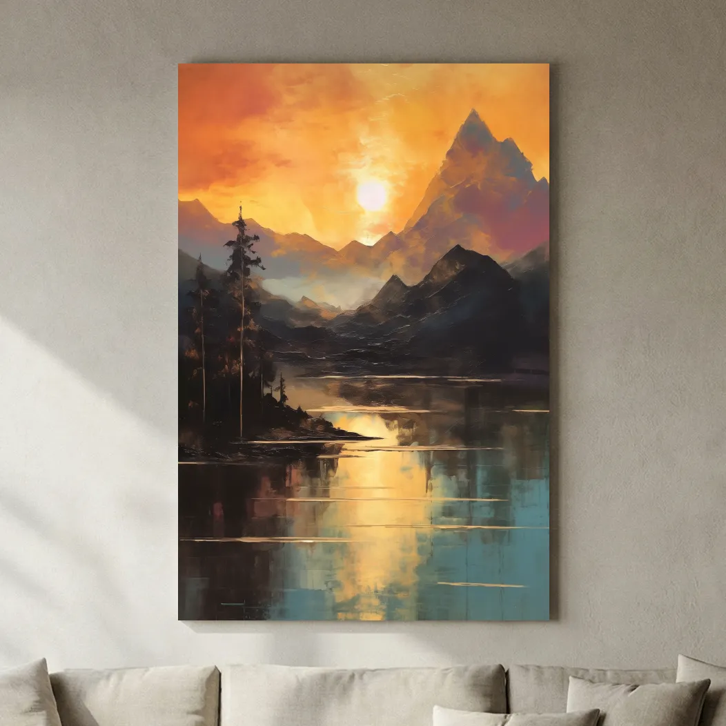 Golden Sunset Alpine Lake Reflection - Mountain Oil Painting Wall Art