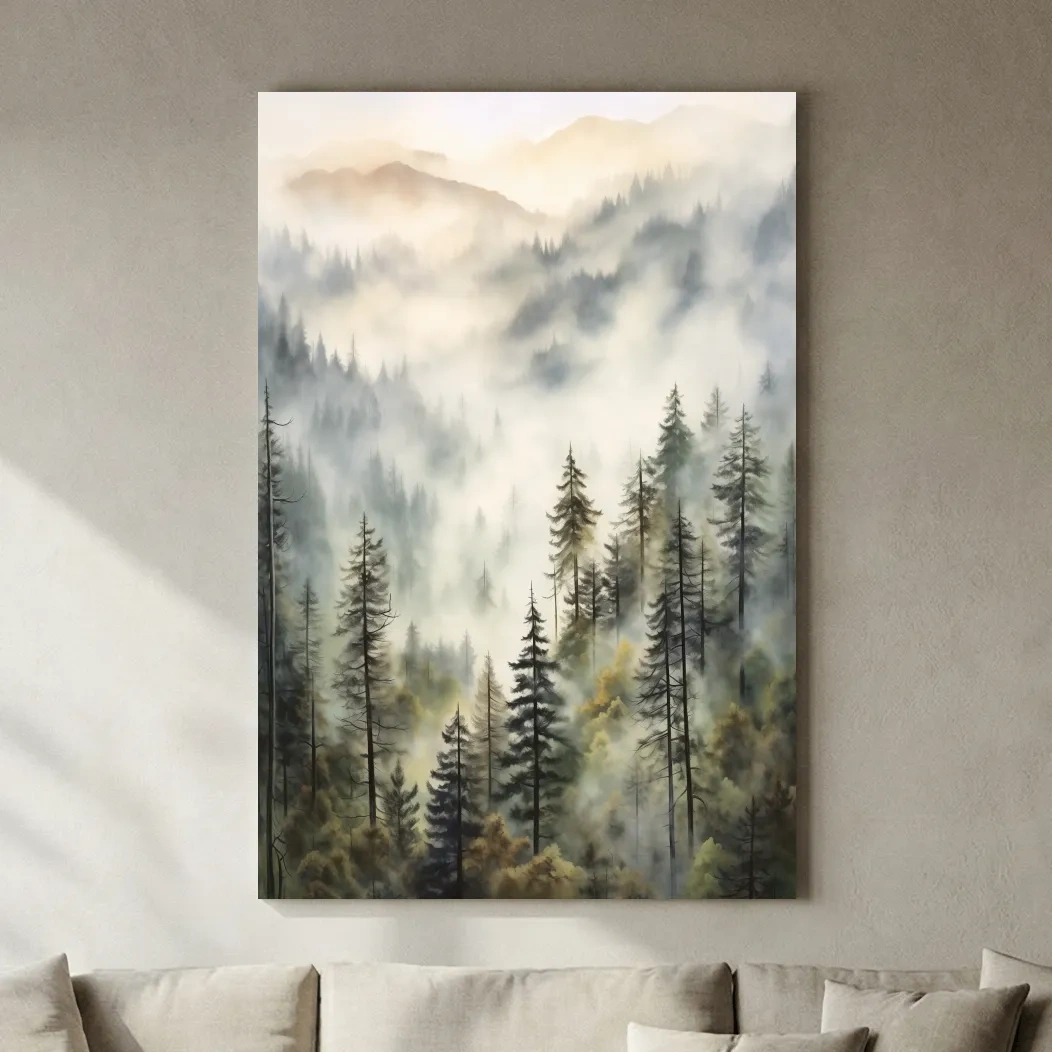 Misty Pine Forest Mountains Watercolor - Serene Foggy Landscape Wall Art