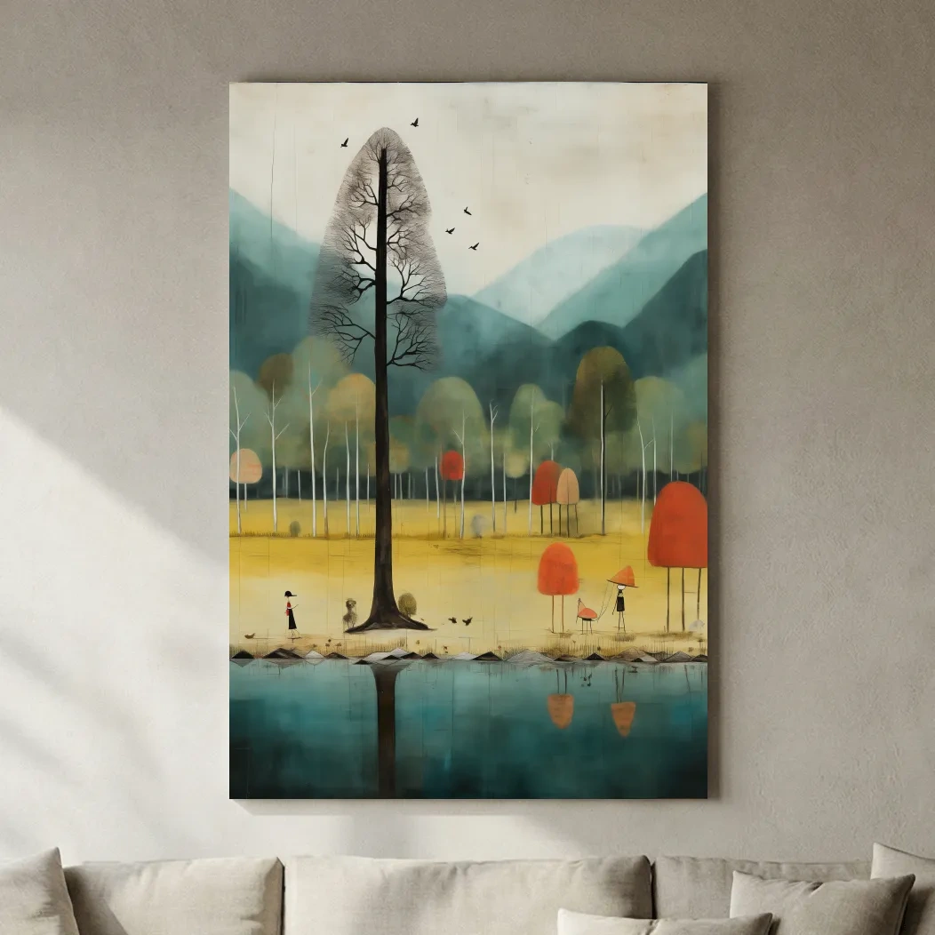 Whimsical Autumn Forest Lake Landscape - Quirky Nature Wall Art