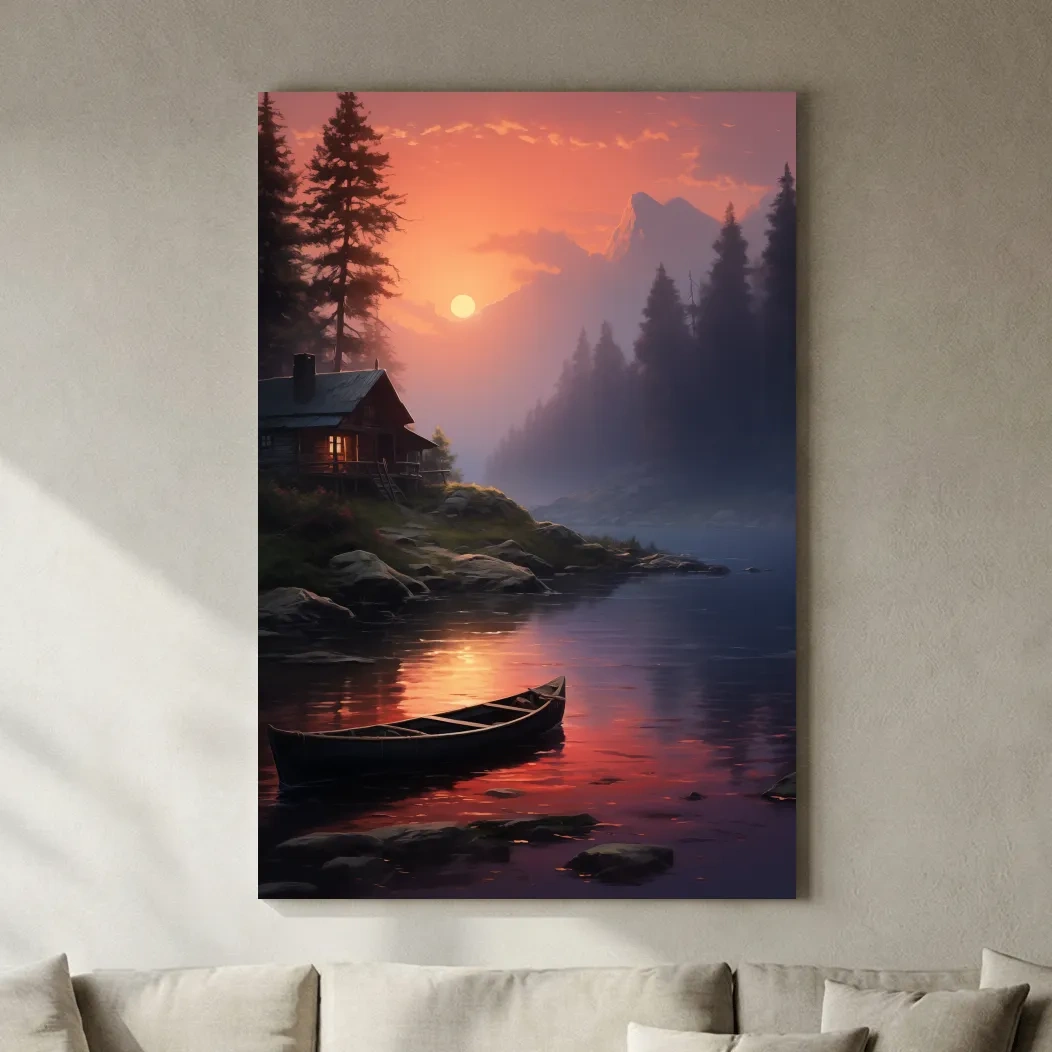 Lakeside Cabin Sunset Landscape - Cinematic Mountain Lake Wall Art