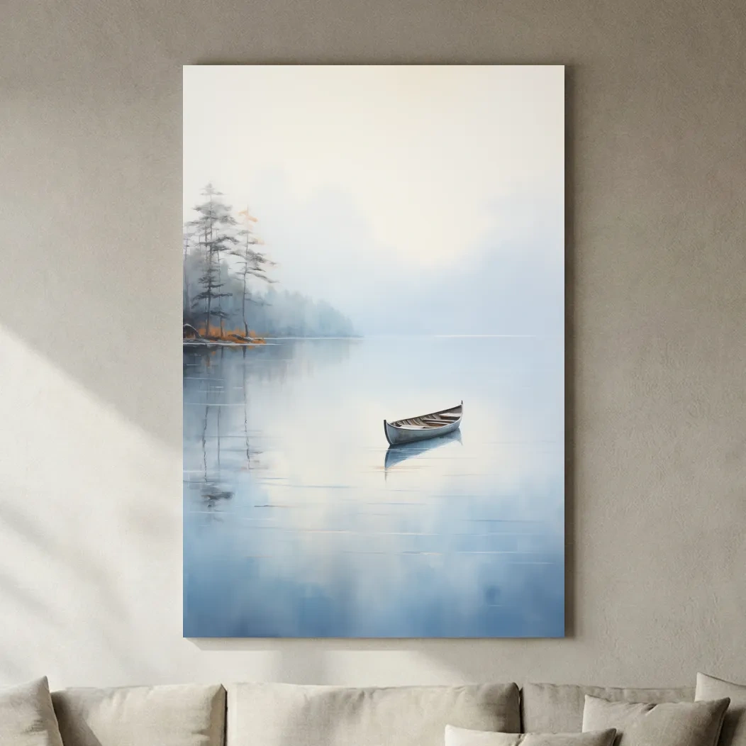 Misty Lake Canoe Reflection Painting - Serene Minimalist Waterscape Wall Art