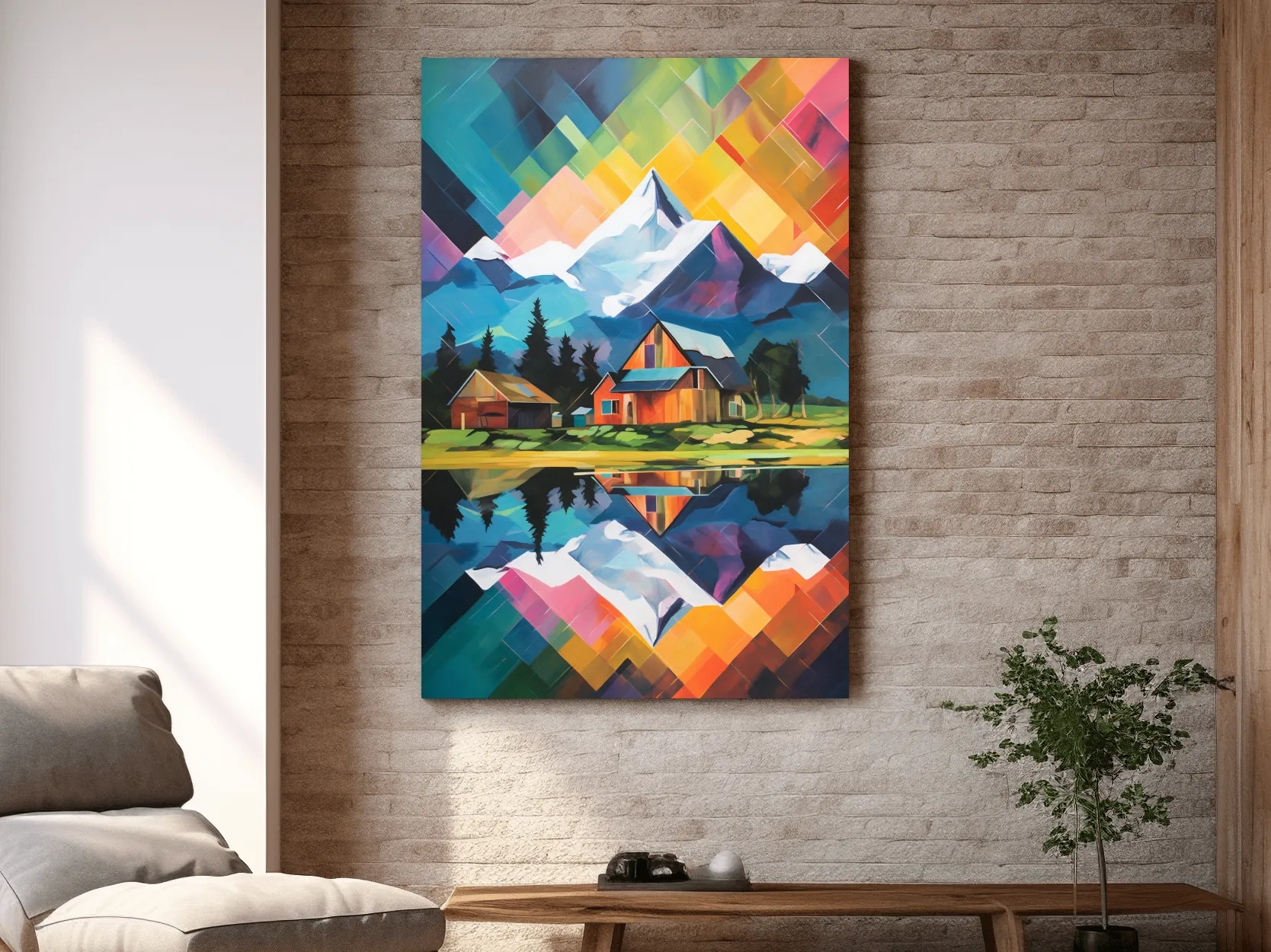 Vibrant Geometric Mountain Cabin Painting - Colorful Abstract Alpine Wall Art