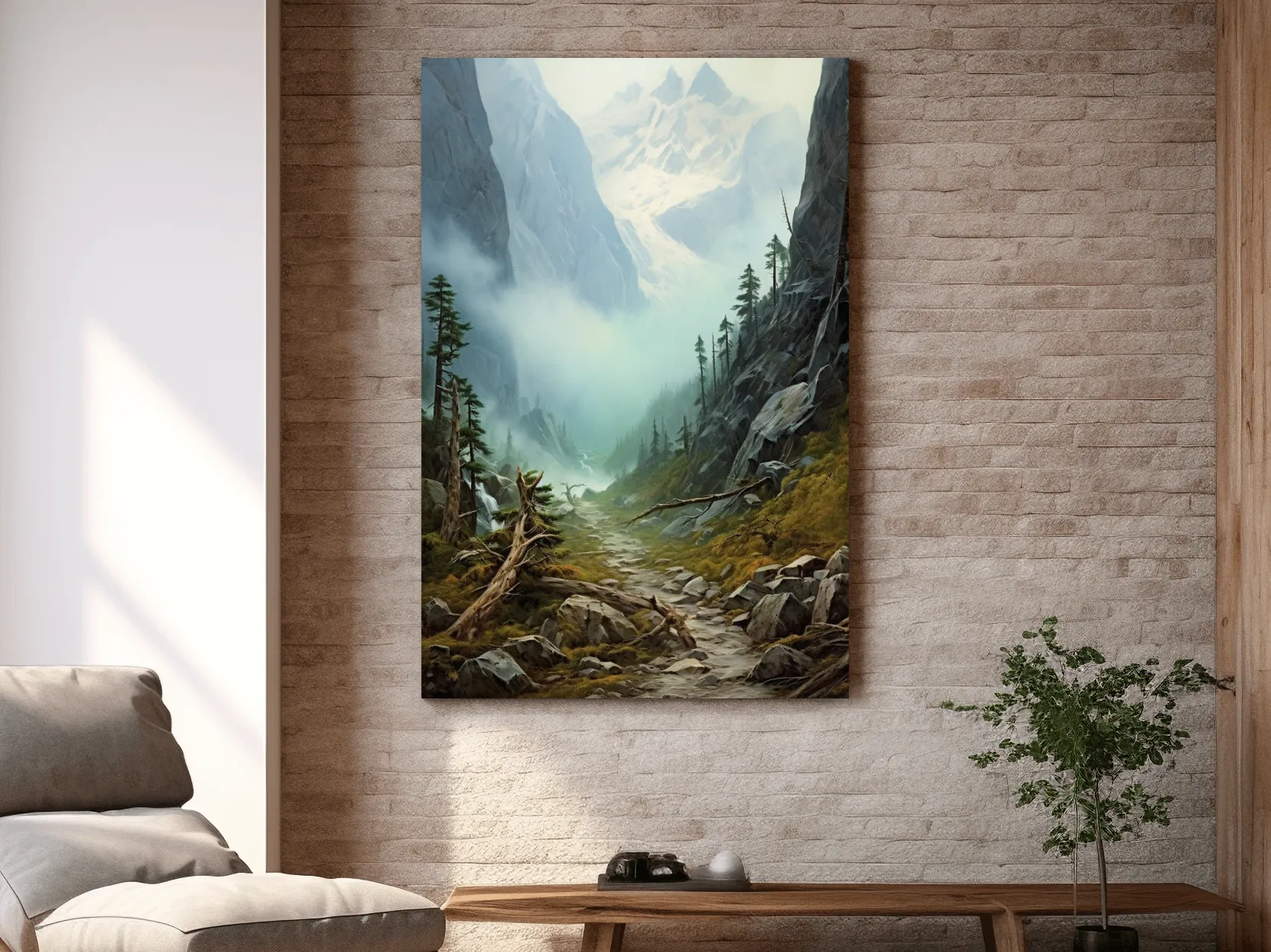 Misty Alpine Mountain Valley Painting - Foggy Pine Forest Wall Art